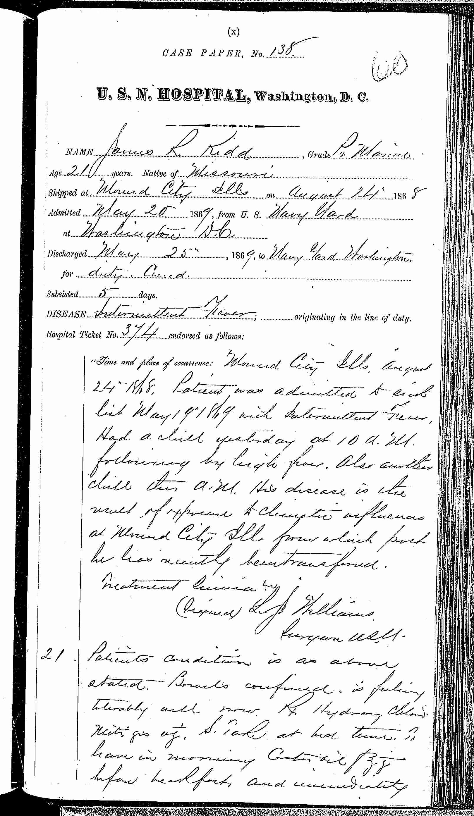Entry for James R. Kidd (page 1 of 2) in the log Hospital Tickets and Case Papers - Naval Hospital - Washington, D.C. - 1868-69