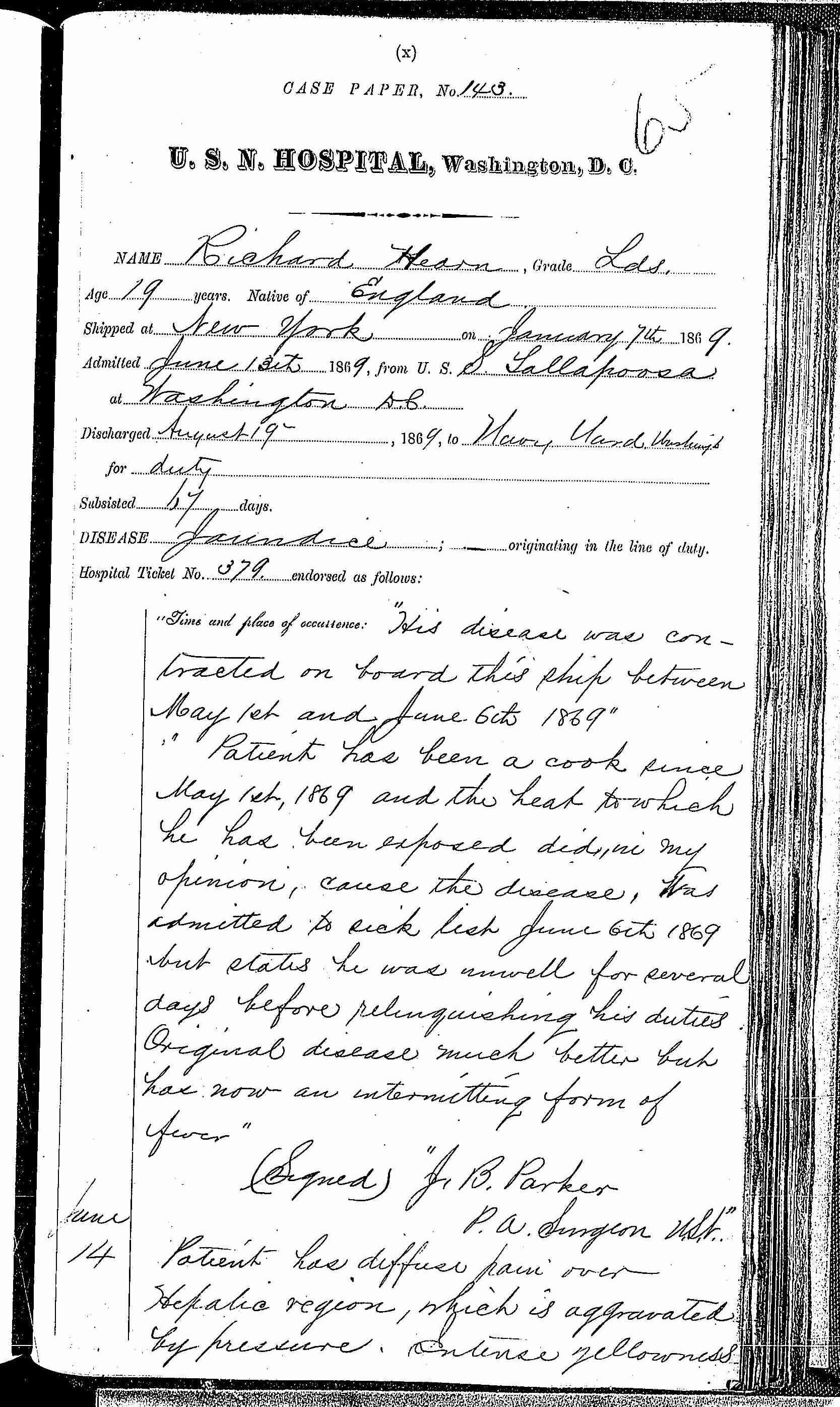 Entry for Richard Hearn (page 1 of 7) in the log Hospital Tickets and Case Papers - Naval Hospital - Washington, D.C. - 1868-69