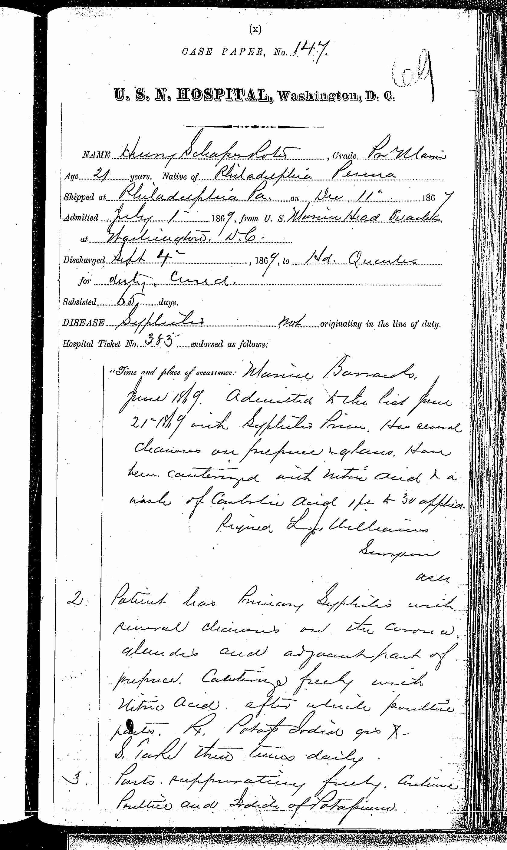 Entry for Henry Schapenkoter (page 1 of 3) in the log Hospital Tickets and Case Papers - Naval Hospital - Washington, D.C. - 1868-69