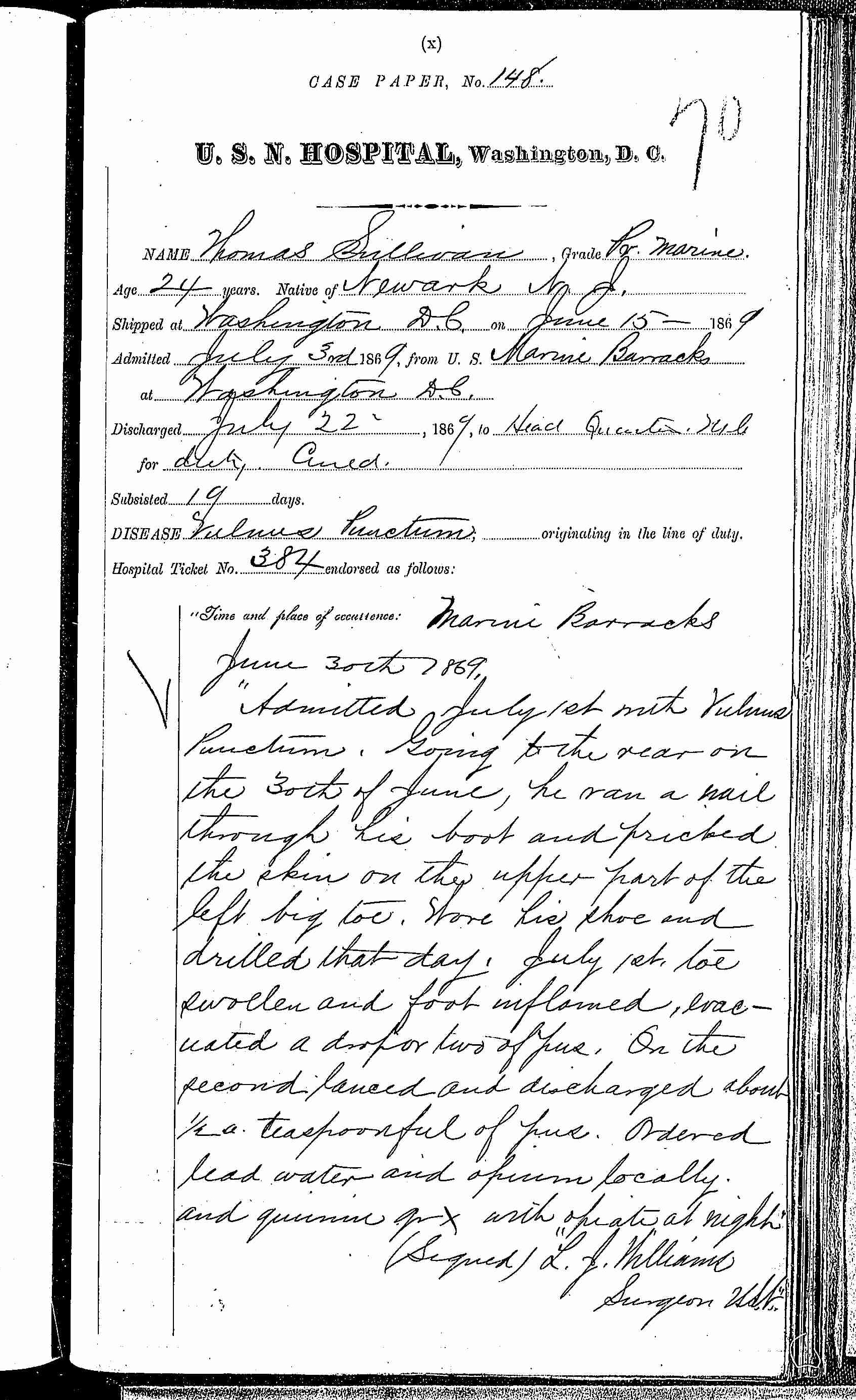 Entry for Thomas Sullivan (page 1 of 2) in the log Hospital Tickets and Case Papers - Naval Hospital - Washington, D.C. - 1868-69