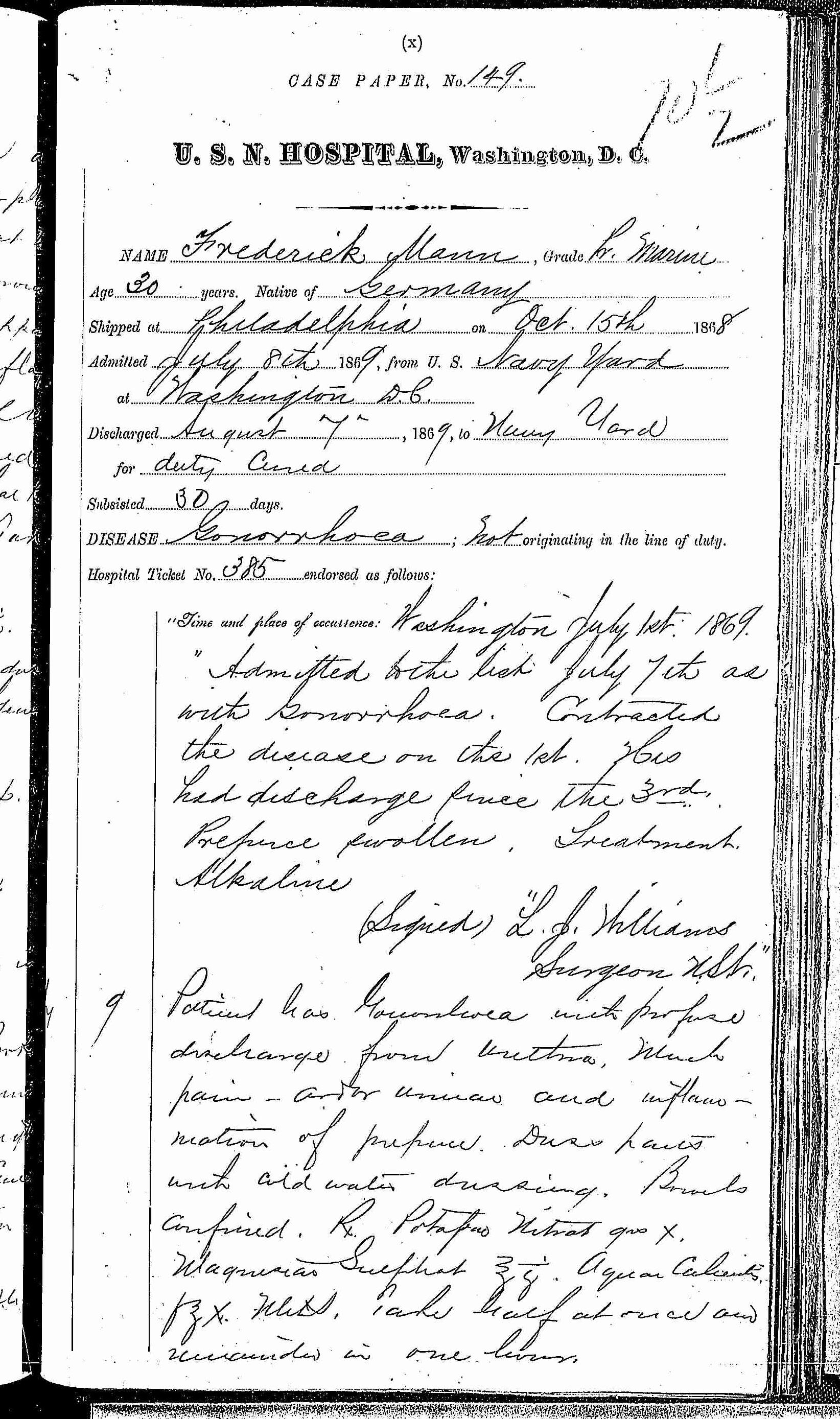 Entry for Frederick Mann (second admission page 1 of 3) in the log Hospital Tickets and Case Papers - Naval Hospital - Washington, D.C. - 1868-69