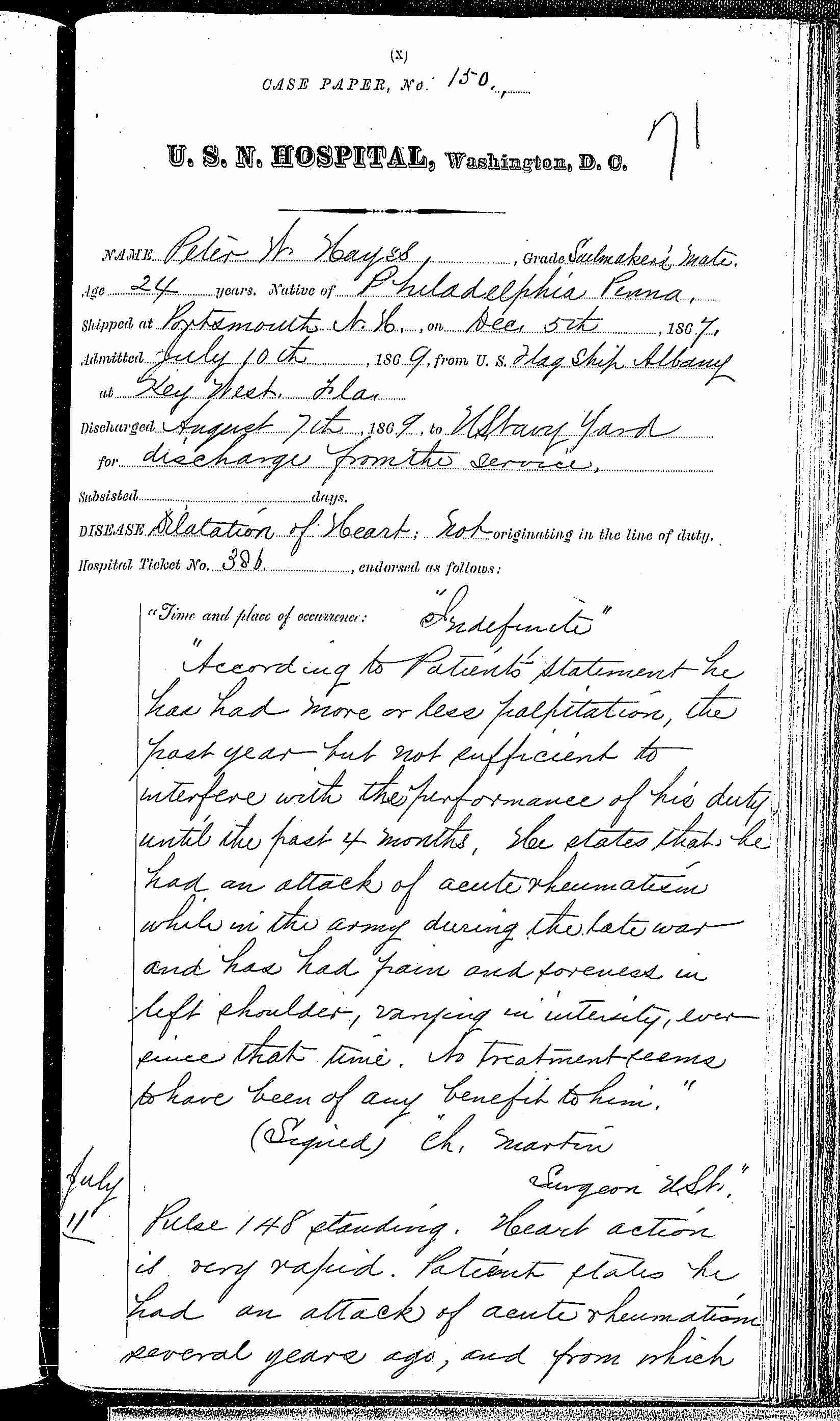 Entry for Peter W. Hayes (page 1 of 4) in the log Hospital Tickets and Case Papers - Naval Hospital - Washington, D.C. - 1868-69