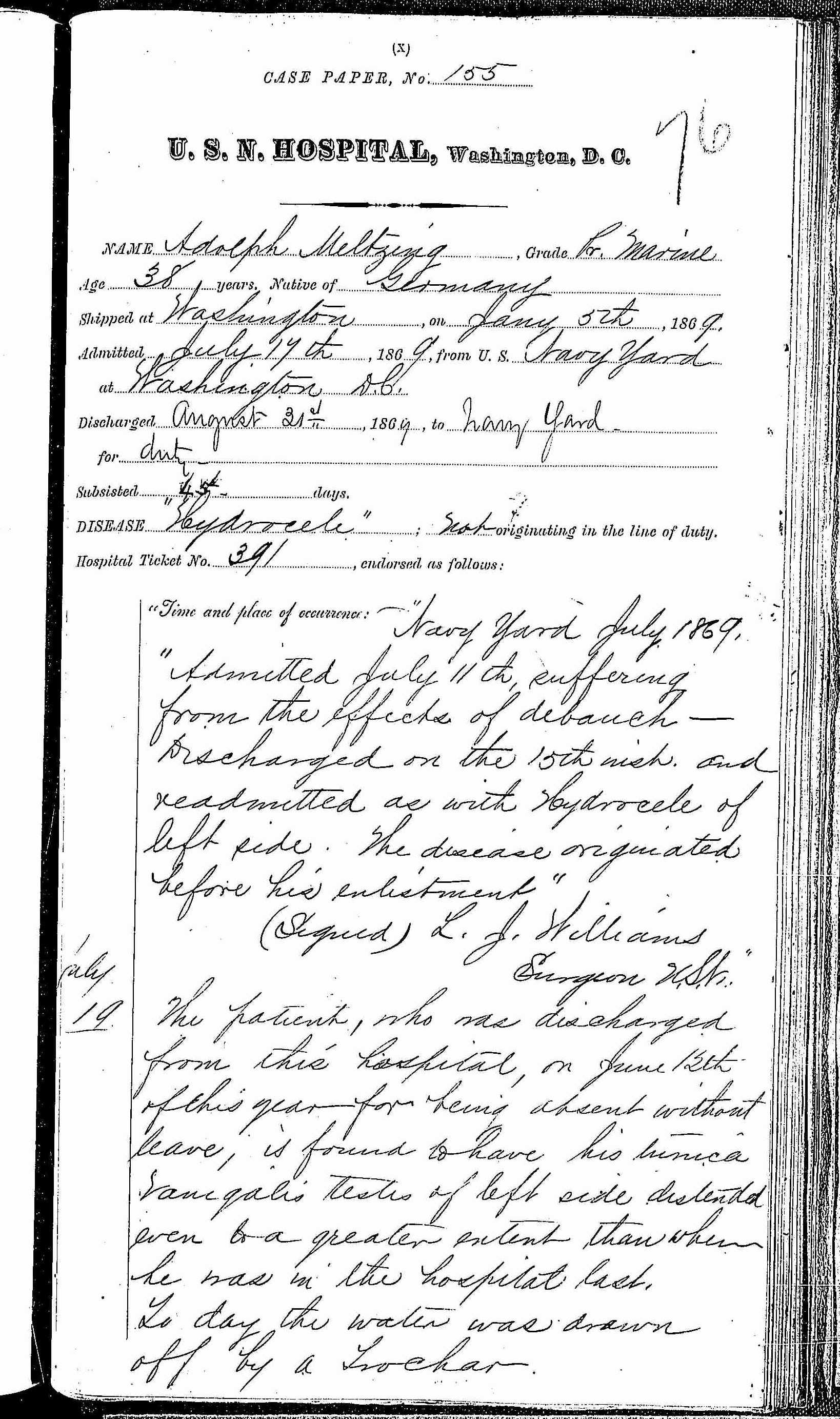 Entry for Adolph Meltzing (second admission page 1 of 4) in the log Hospital Tickets and Case Papers - Naval Hospital - Washington, D.C. - 1868-69