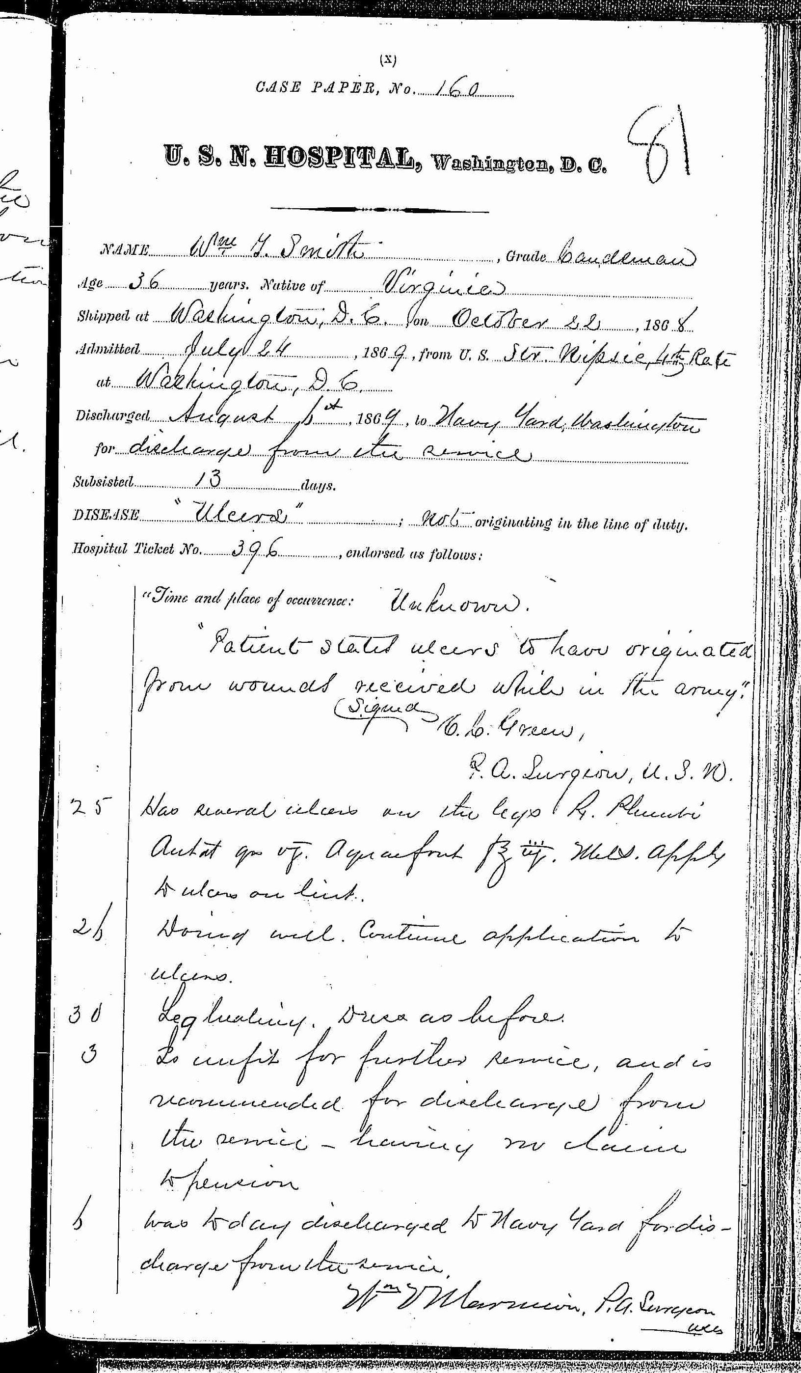 Entry for William T. Smith (page 1 of 1) in the log Hospital Tickets and Case Papers - Naval Hospital - Washington, D.C. - 1868-69