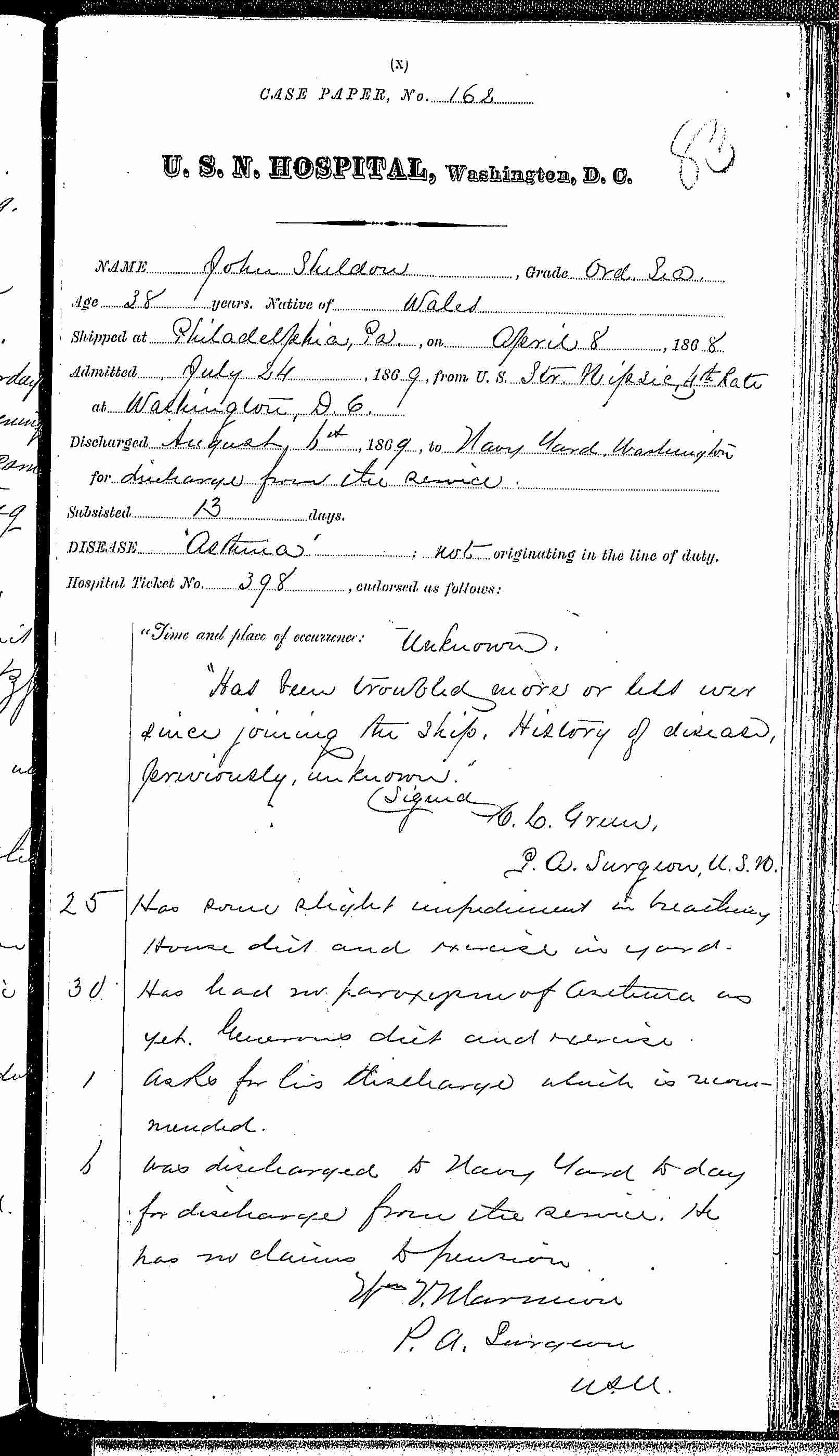 Entry for John Sheldon (page 1 of 1) in the log Hospital Tickets and Case Papers - Naval Hospital - Washington, D.C. - 1868-69