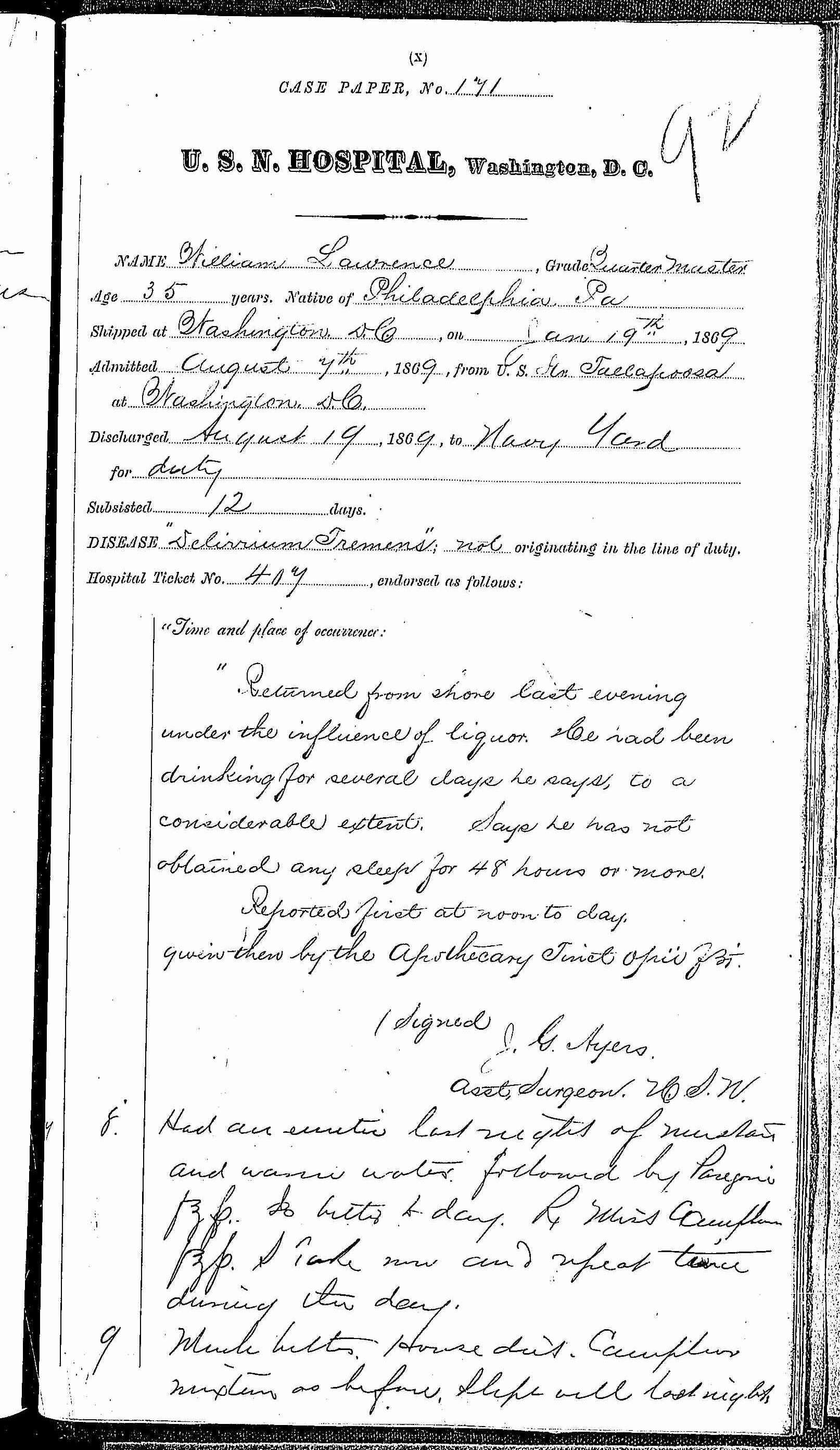 Entry for William Laurence (page 1 of 2) in the log Hospital Tickets and Case Papers - Naval Hospital - Washington, D.C. - 1868-69