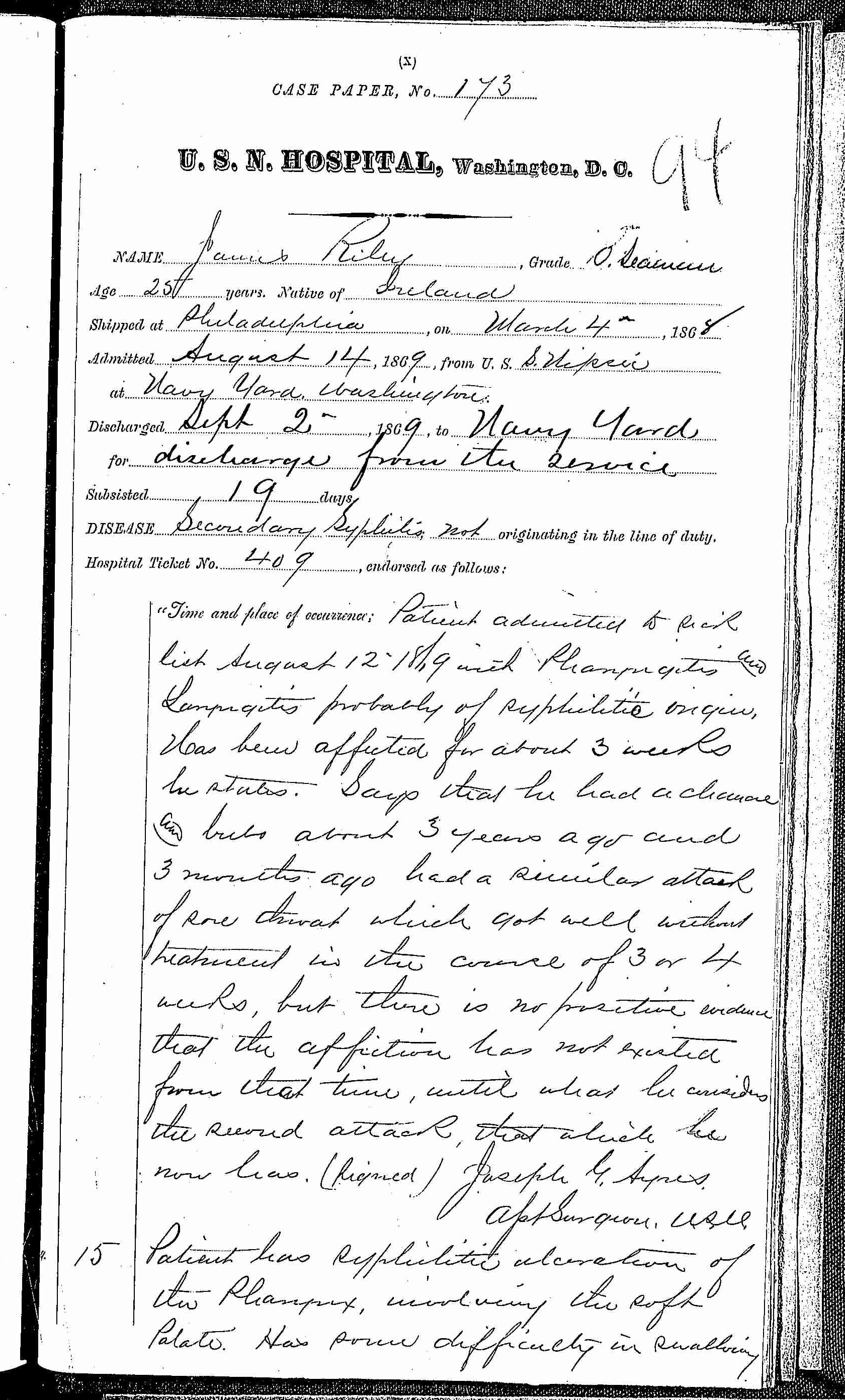Entry for James Riley (page 1 of 3) in the log Hospital Tickets and Case Papers - Naval Hospital - Washington, D.C. - 1868-69