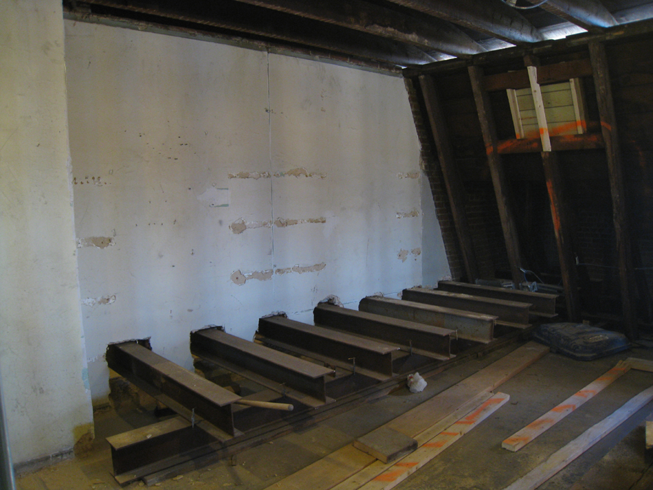 Third Floor--South west room showing shoring for removal of supporting walls on second floor