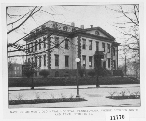 Undated photograph of the Northeast corner of the Old Naval Hospital, taken from the  intersection of Pennsylvania Avenue SE and Tenth Street SE
