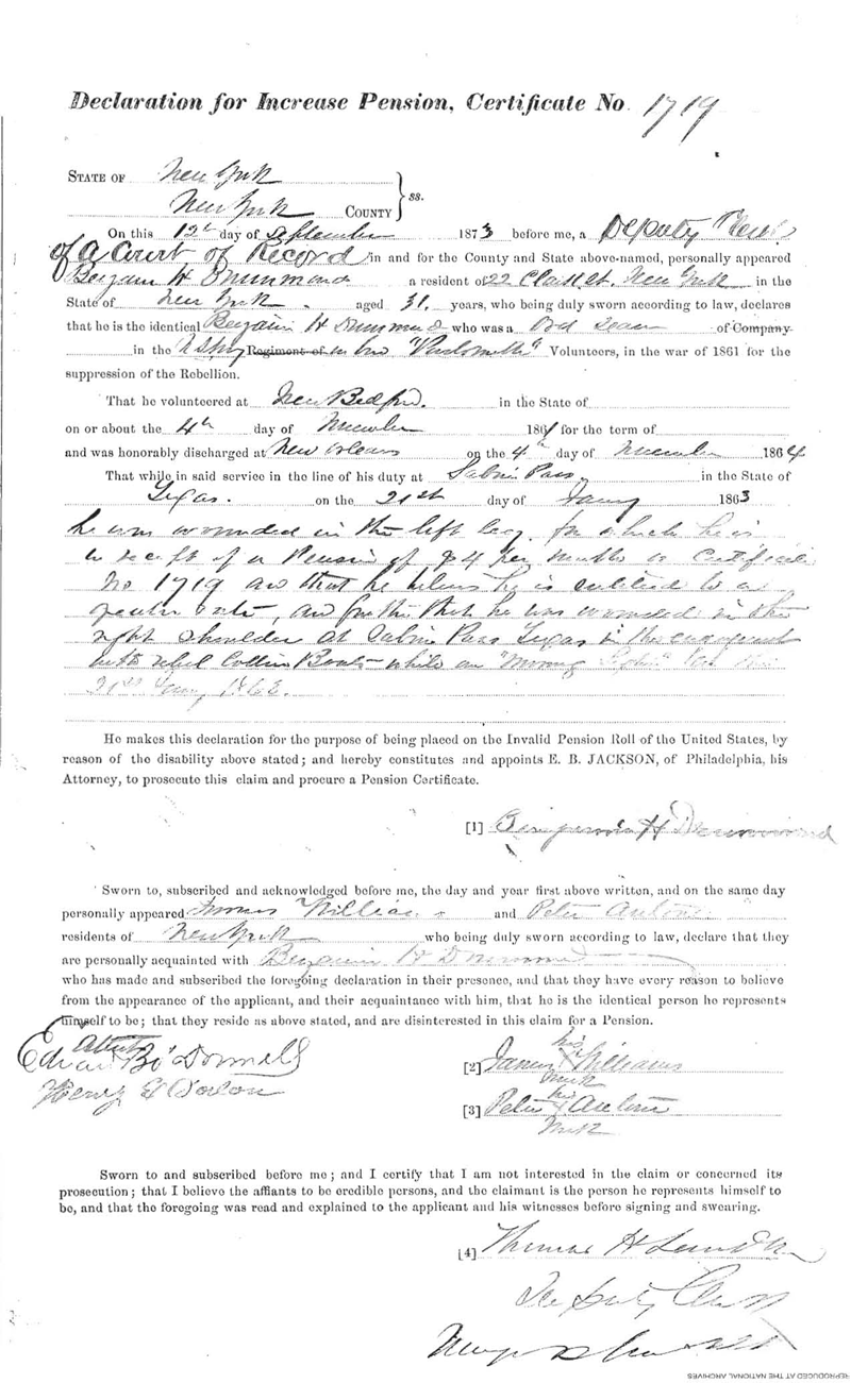 1873 Declaration for Increase of Pension in which Drummond is quoted as 
stating that he believes he is entitled to a greater rate, as for the fact that 
he was wounded in the right shoulder at Sabine Pass, Texas, in the engagement 
with rebel Cotton Boats while on the Morning Light on the 21st Jan 1863. This is a 
digital copy of the original record held by the National Archives.