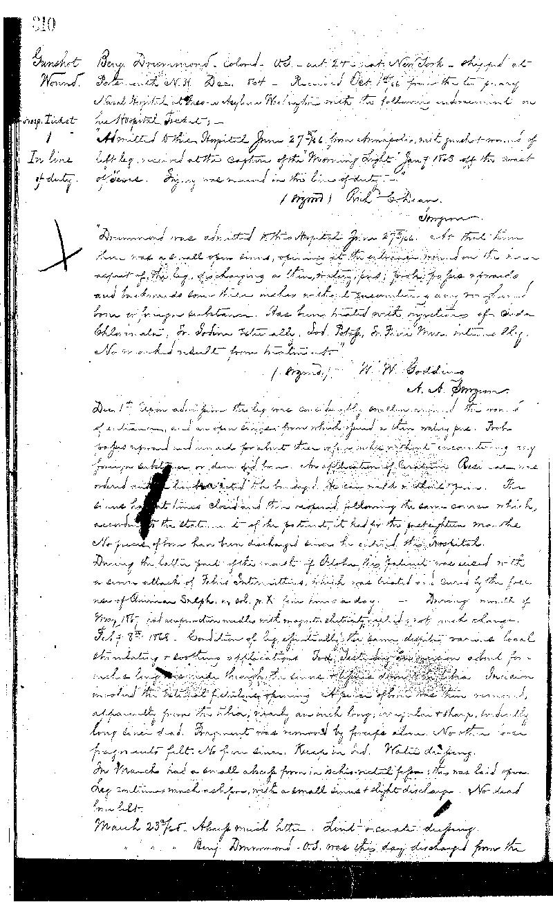 This is the second of three pages detailing the treatment received by Benamin Drummond, 
the first patient admitted into the Naval Hospital, Washington City, when it opened on 
October 1, 1866. He was discharged from the Navy and the Hospital on March 23, 1868. 
The National Archives holds the records of patients admitted and treated at the Naval 
Hospital, Washington City, from 1866 to 1906 in Record Group 52, logs of hospitals, 
1861-1875 (11W3 3-29-D)