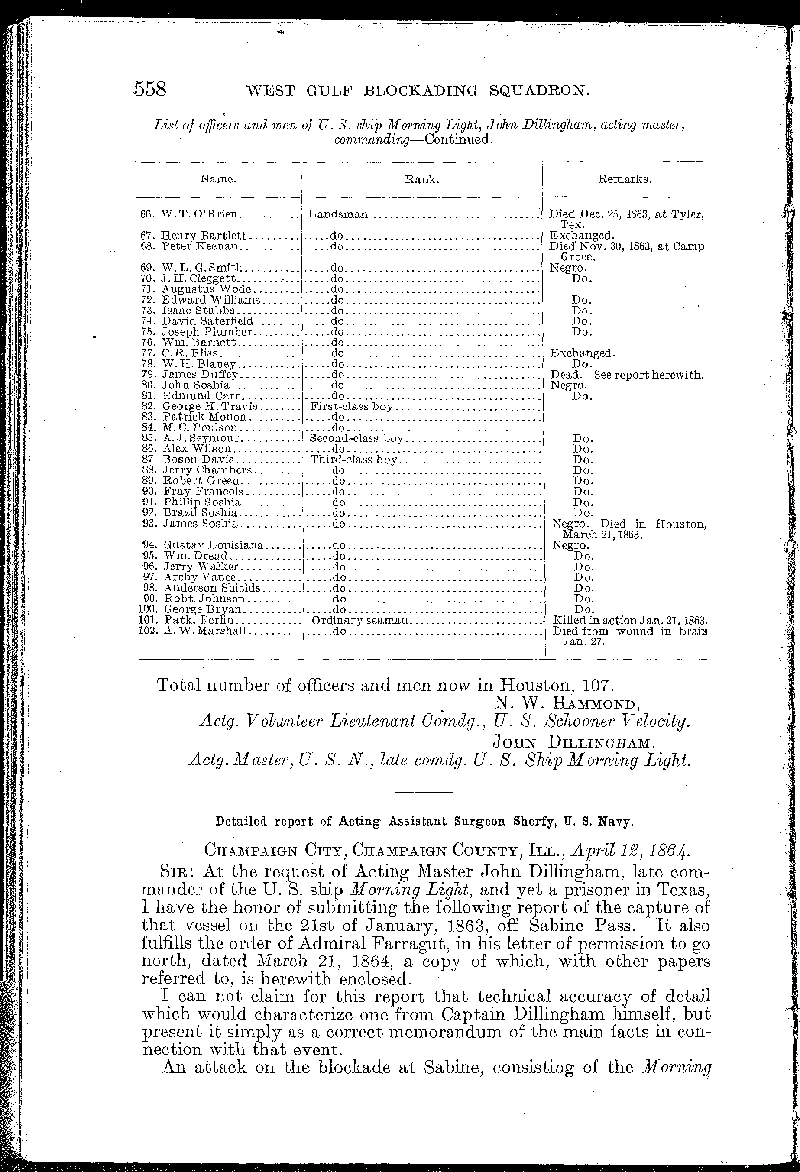 Report dated April 12, 1864, by John W. Sherfy, U. S. Navy, Surgeon of the U. S. Morning  Light when it was captured by Confederate Cotton-Clad steamers, to Gideon Welles, Secretary  of the Navy. This report is in Volume 19 of the Official Records of the Union and Confederate  Navies in the War of the Rebellion.