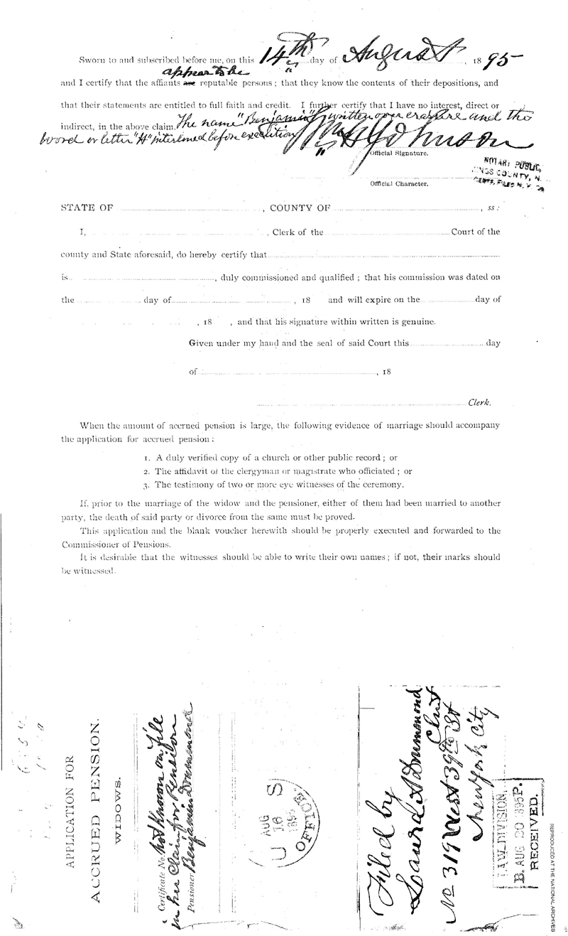This is the first page of the Application for Accrued Pension - Widows -  filed August 14, 1895, by Laura A. Drummond following the death of her husband - Benamin Drummond (the first patient admitted into the Naval Hospital, Washington City, when it opened on October 1, 1866). At this time she lived at No. 319 West 39th Street, New York City. This is a digital copy of the original record at the National Archives.