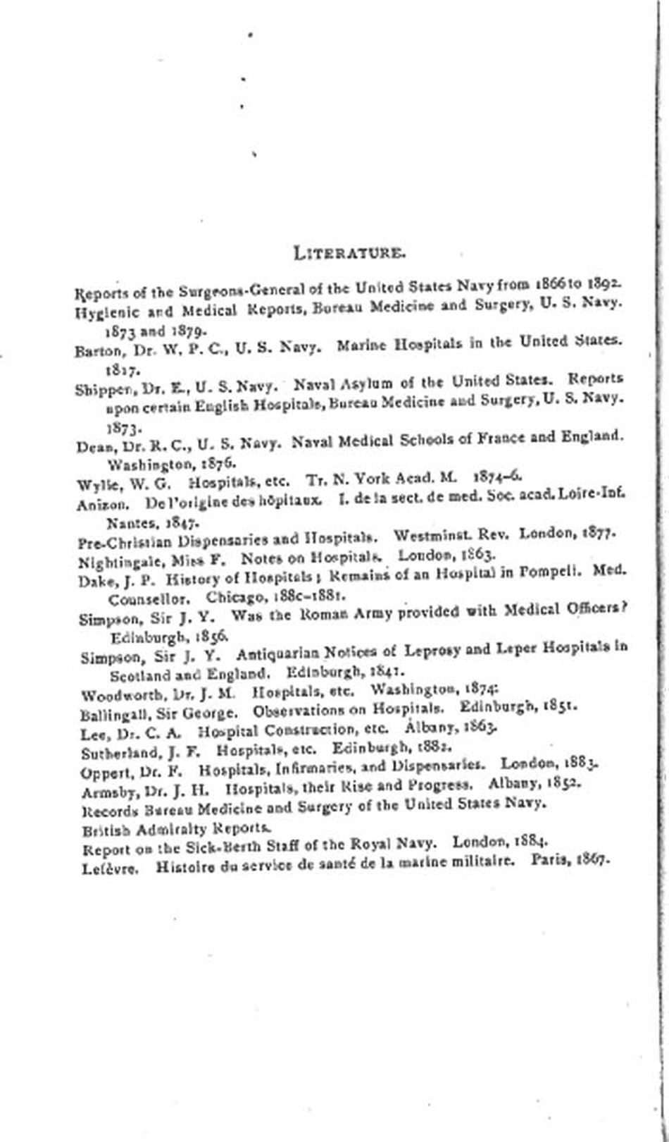 Notes on Naval Hospitals, Medical Schools and Training Schools for Nurses by Dr. James D. Gatewood, Literature