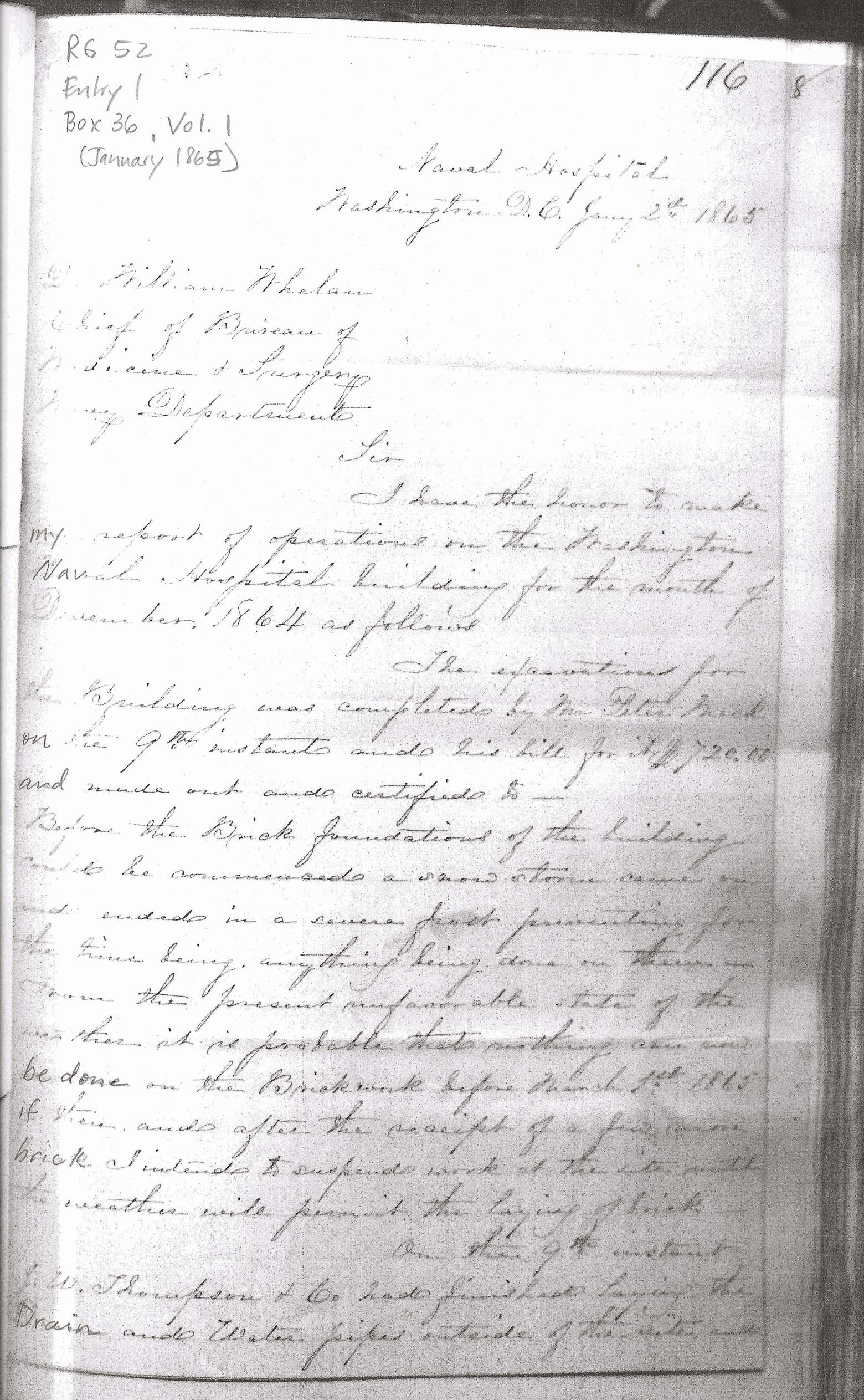 Monthly Report of the Supeintendent of Construction, January 2, 1865, Page 1 of 4