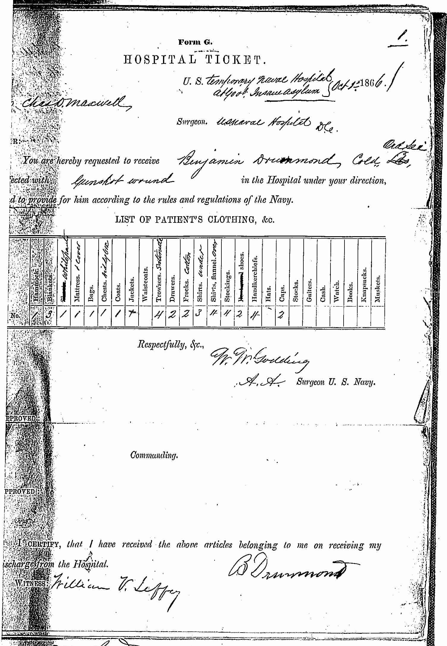 Entry for Benjamin Drummond (page 1 of 2) in the log Hospital Tickets and Case Papers - Naval Hospital - Washington, D.C. - 1866-68