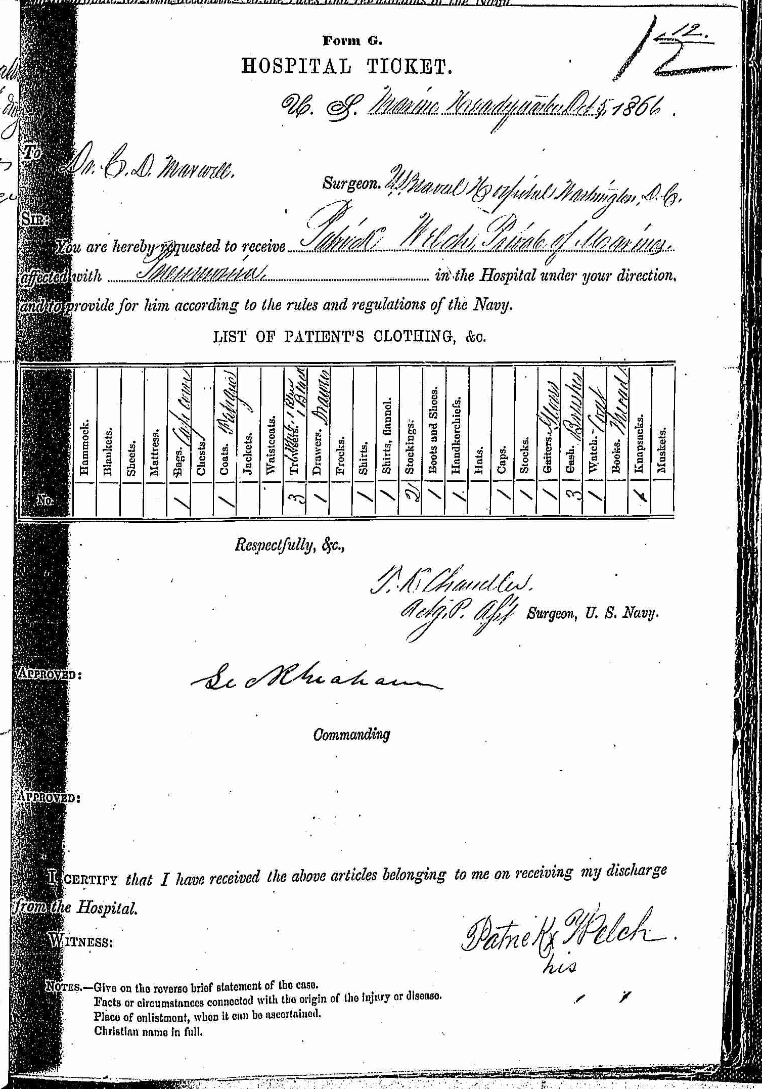 Entry for Patrick Welch (page 1 of 2) in the log Hospital Tickets and Case Papers - Naval Hospital - Washington, D.C. - 1865-68