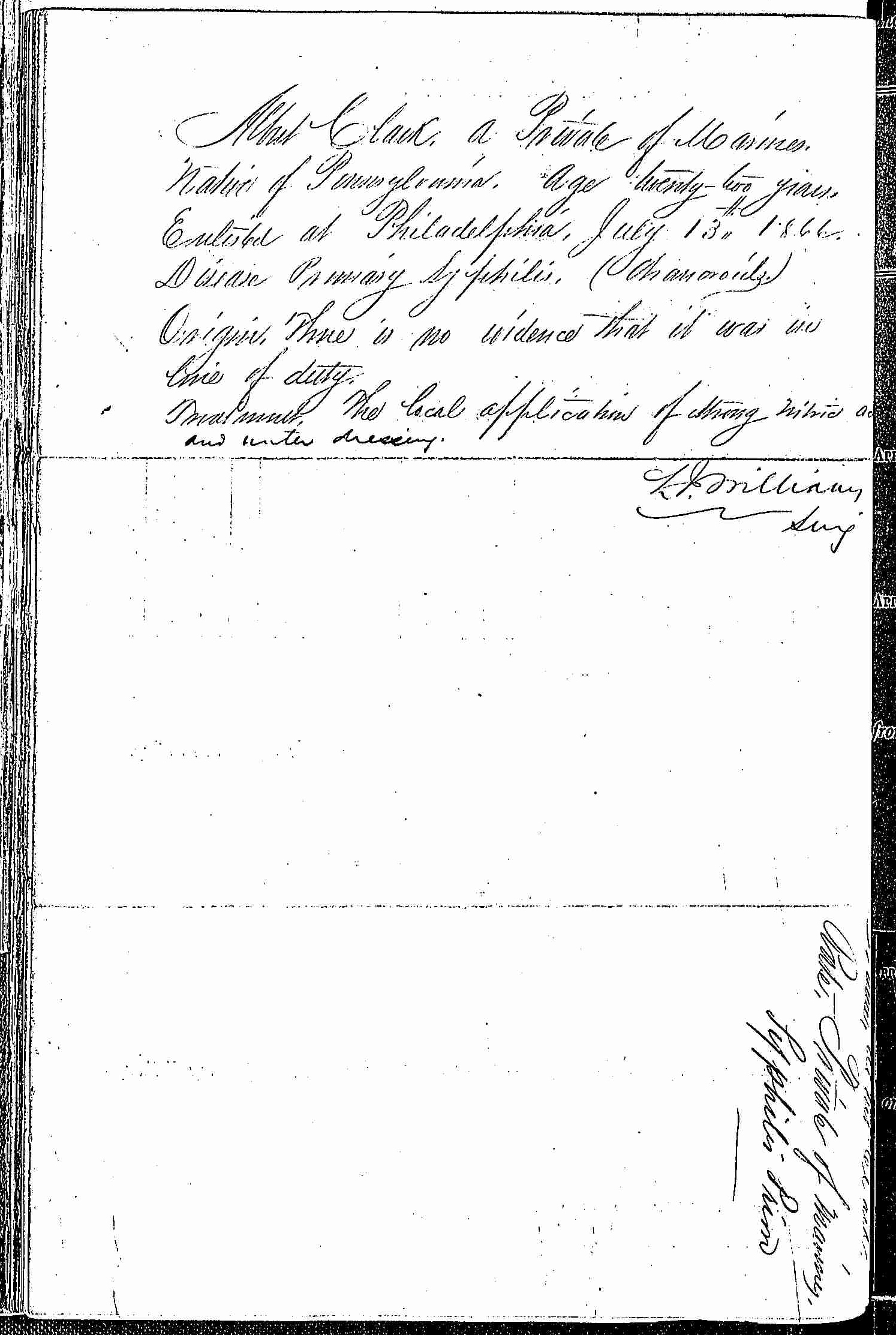 Entry for Albert Clark (page 2 of 2) in the log Hospital Tickets and Case Papers - Naval Hospital - Washington, D.C. - 1865-68