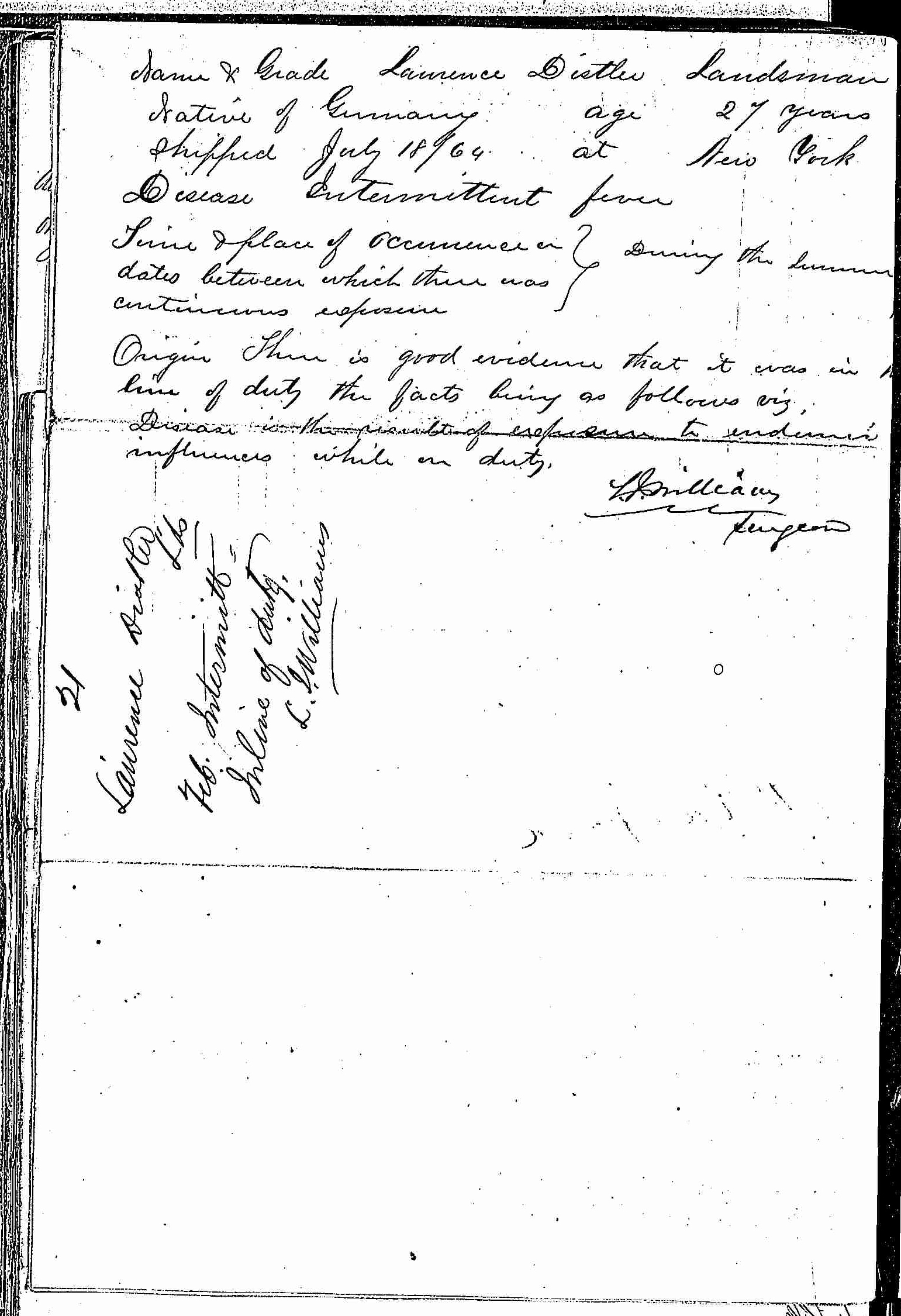 Entry for Laurence Distler (page 2 of 2) in the log Hospital Tickets and Case Papers - Naval Hospital - Washington, D.C. - 1865-68
