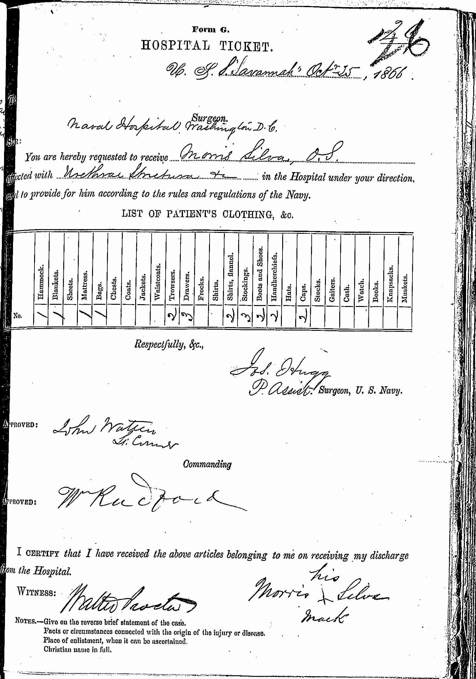 Entry for Morris Silva (page 1 of 2) in the log Hospital Tickets and Case Papers - Naval Hospital - Washington, D.C. - 1865-68