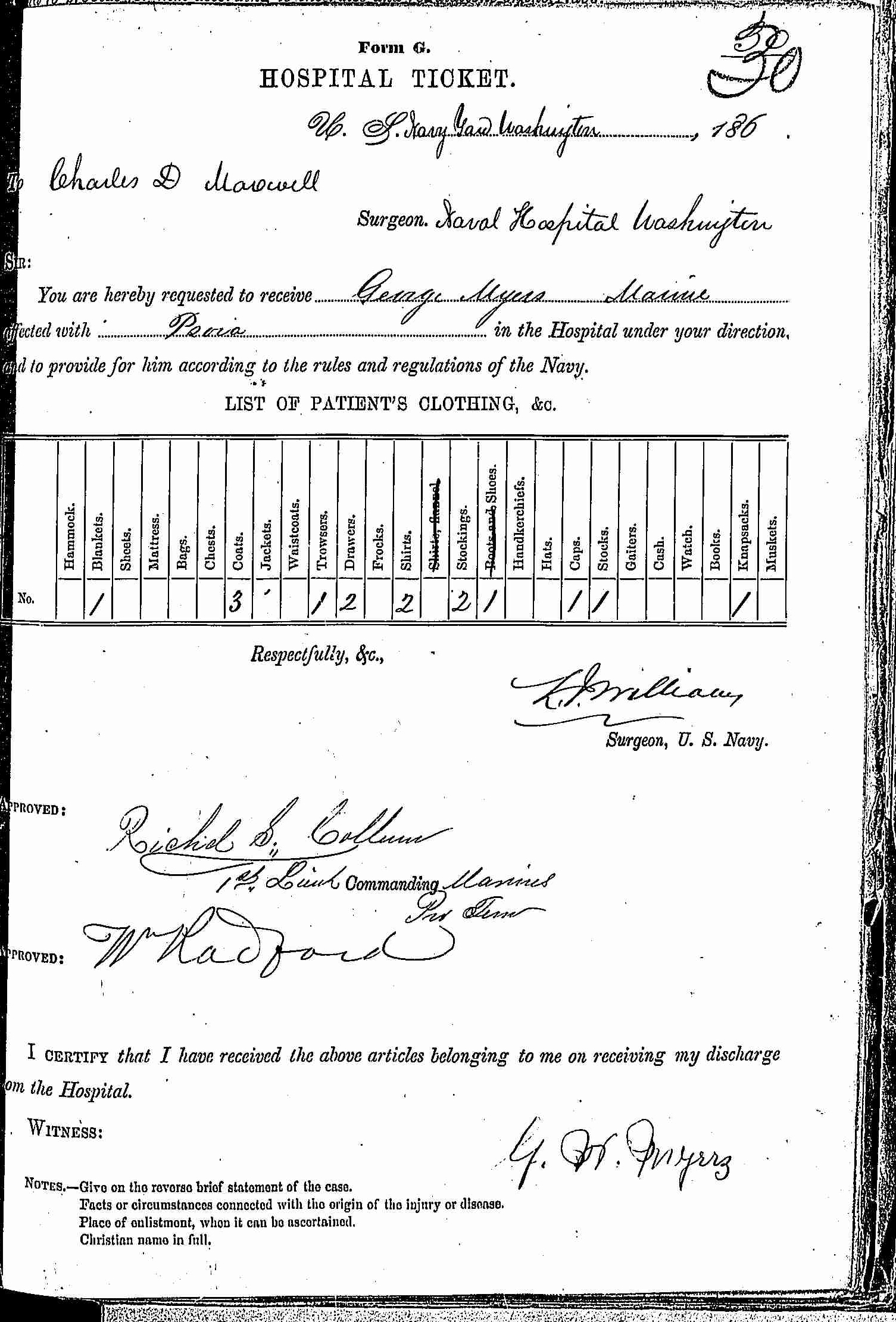 Entry for George Myers (page 1 of 2) in the log Hospital Tickets and Case Papers - Naval Hospital - Washington, D.C. - 1865-68