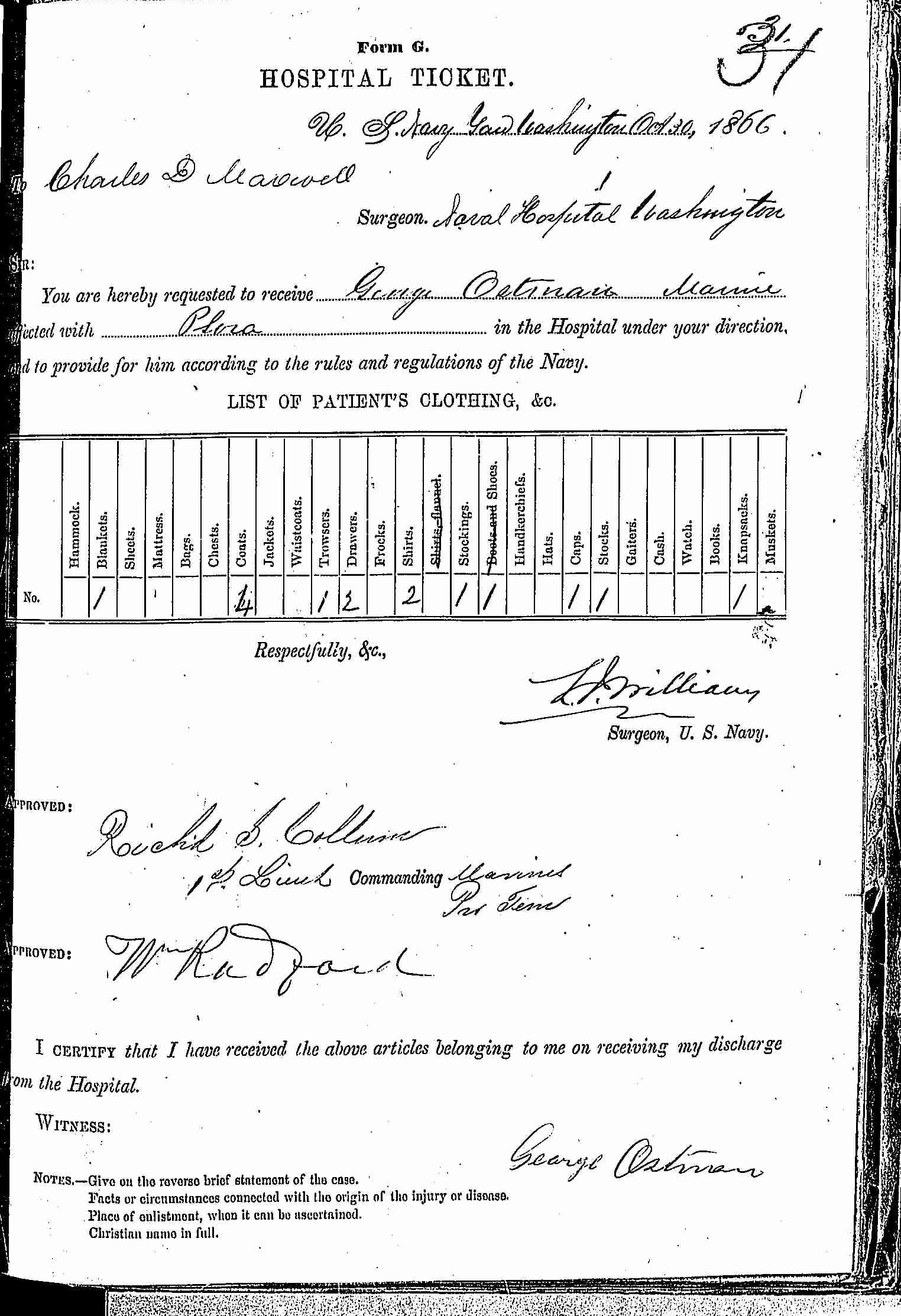 Entry for George Ostman (first admission page 1 of 2) in the log Hospital Tickets and Case Papers - Naval Hospital - Washington, D.C. - 1865-68