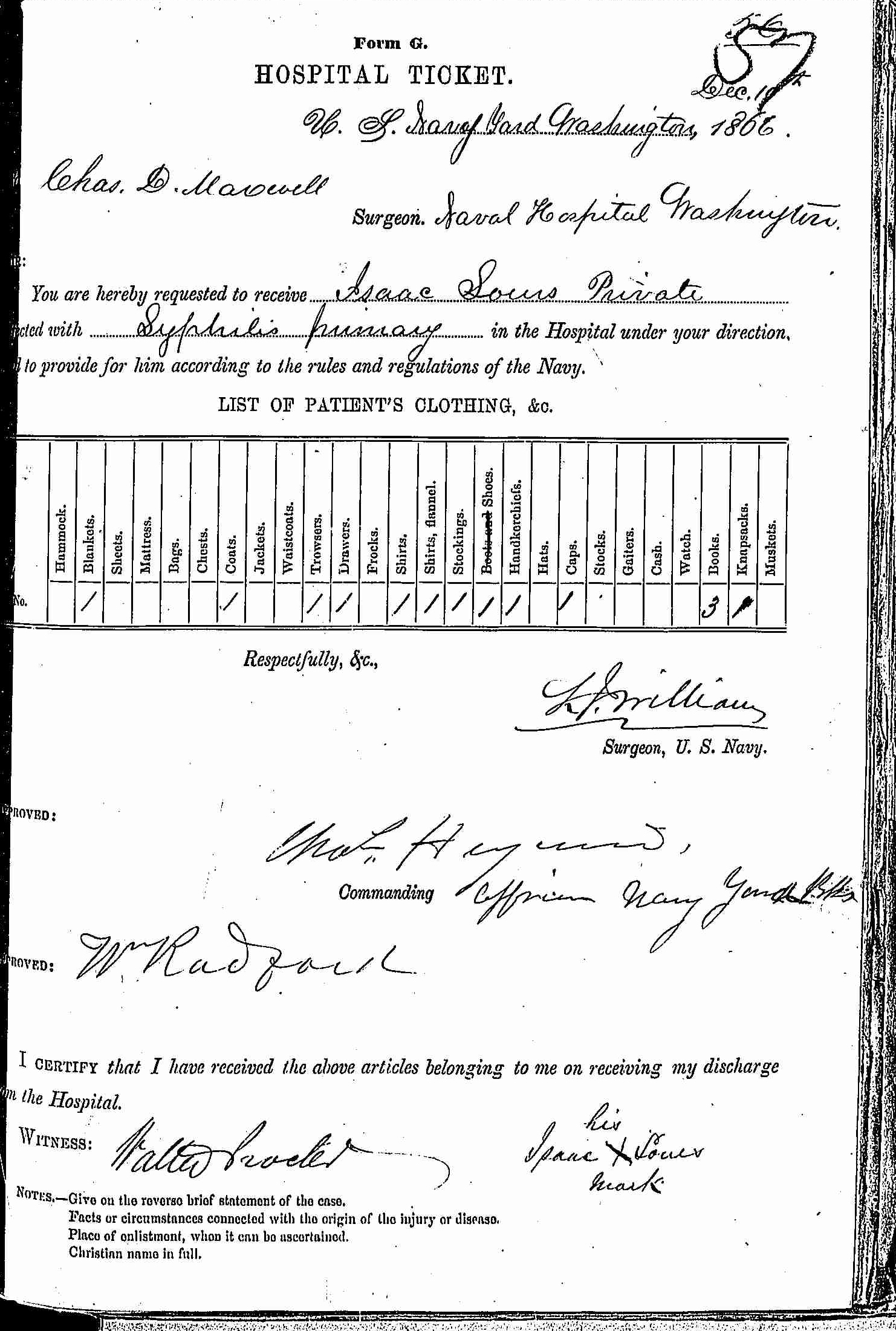 Entry for Isaac Sours (first admission page 1 of 2) in the log Hospital Tickets and Case Papers - Naval Hospital - Washington, D.C. - 1865-68