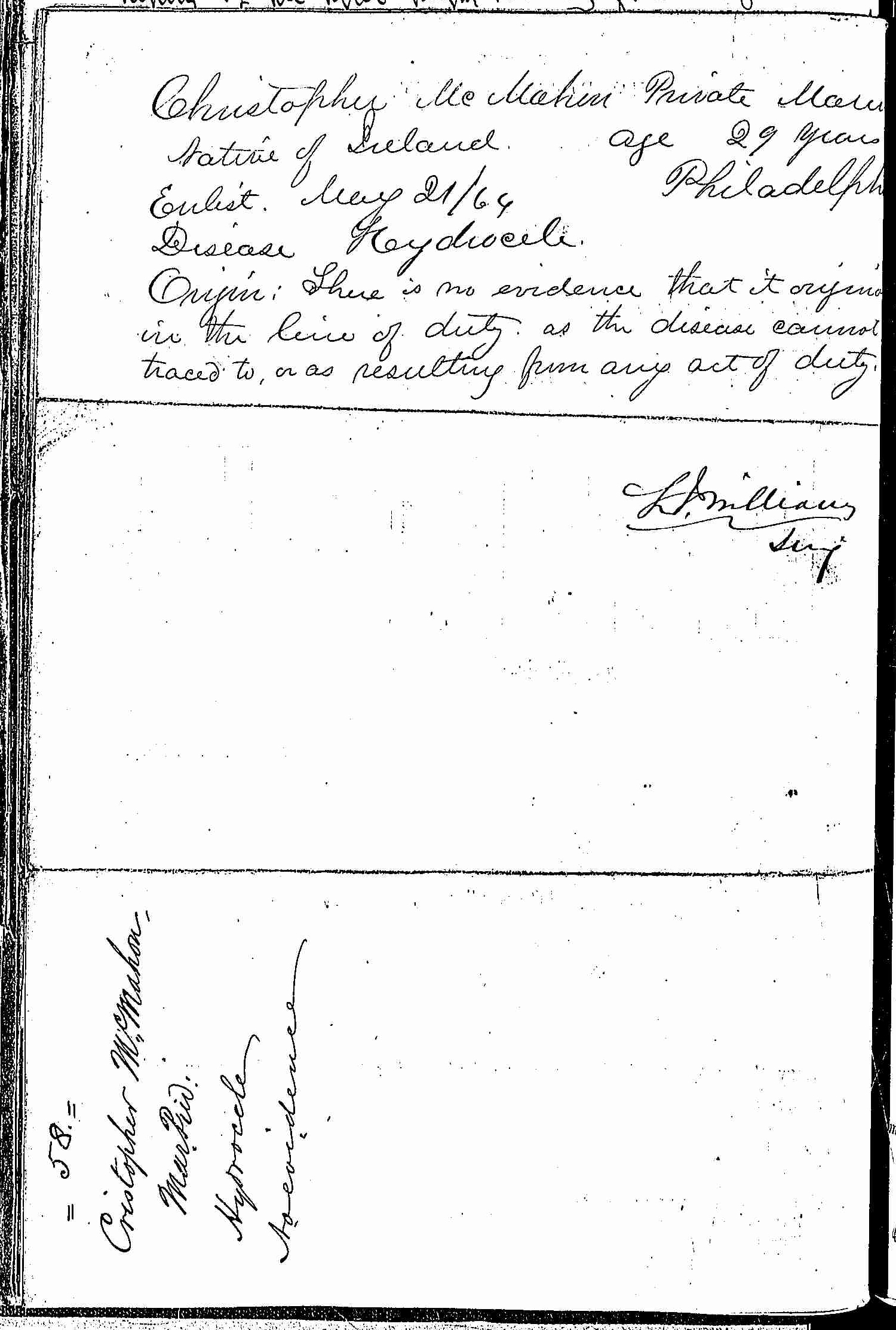 Entry for Christopher McMahon (page 2 of 2) in the log Hospital Tickets and Case Papers - Naval Hospital - Washington, D.C. - 1865-68