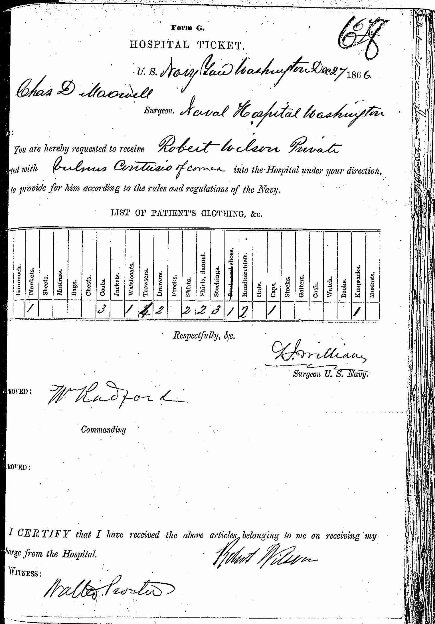 Entry for Robert Wilson (page 1 of 2) in the log Hospital Tickets and Case Papers - Naval Hospital - Washington, D.C. - 1865-68