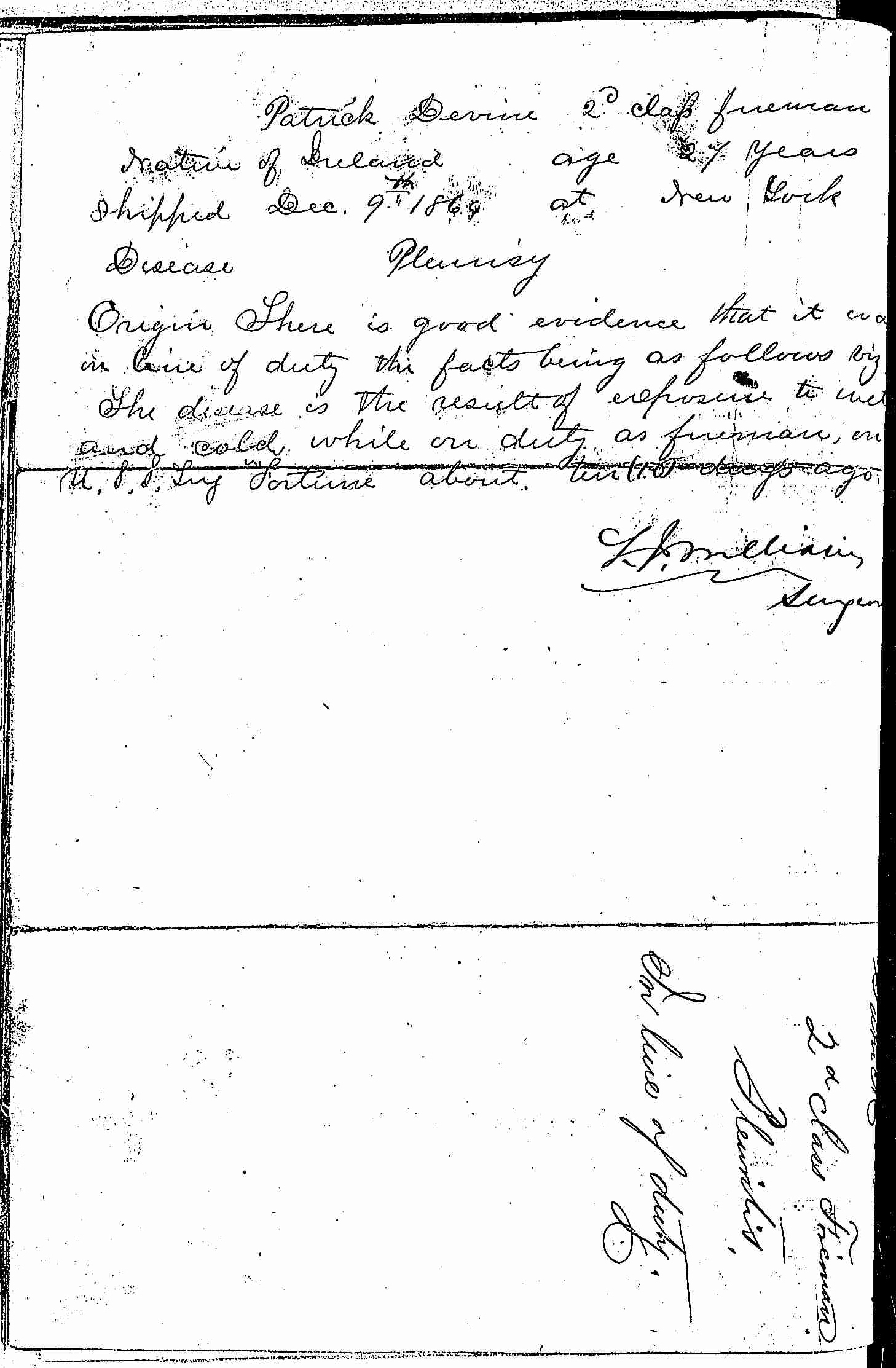 Entry for Patrick Devine (second admission page 2 of 2) in the log Hospital Tickets and Case Papers - Naval Hospital - Washington, D.C. - 1865-68