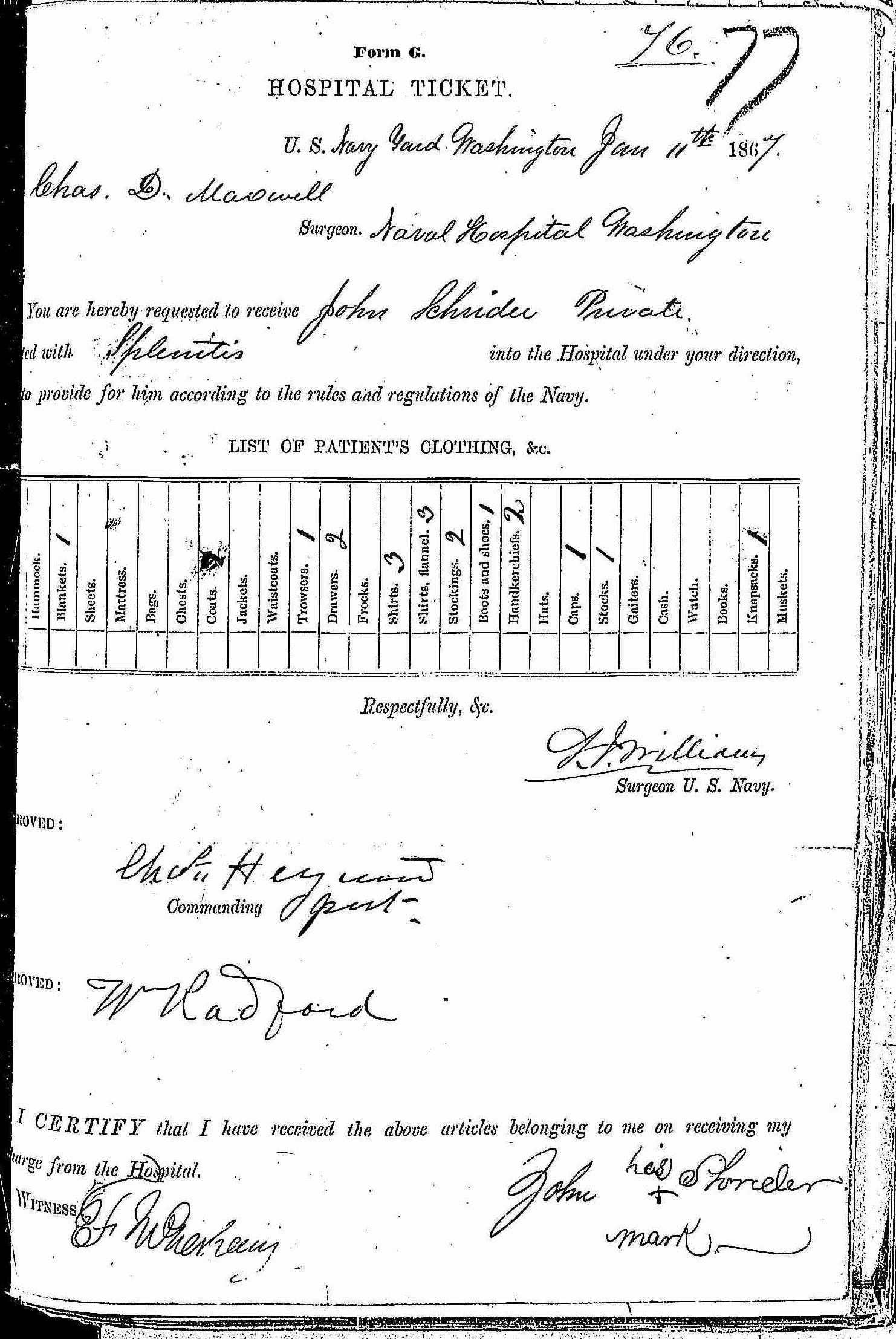 Entry for John Schrider (second admission page 1 of 2) in the log Hospital Tickets and Case Papers - Naval Hospital - Washington, D.C. - 1865-68