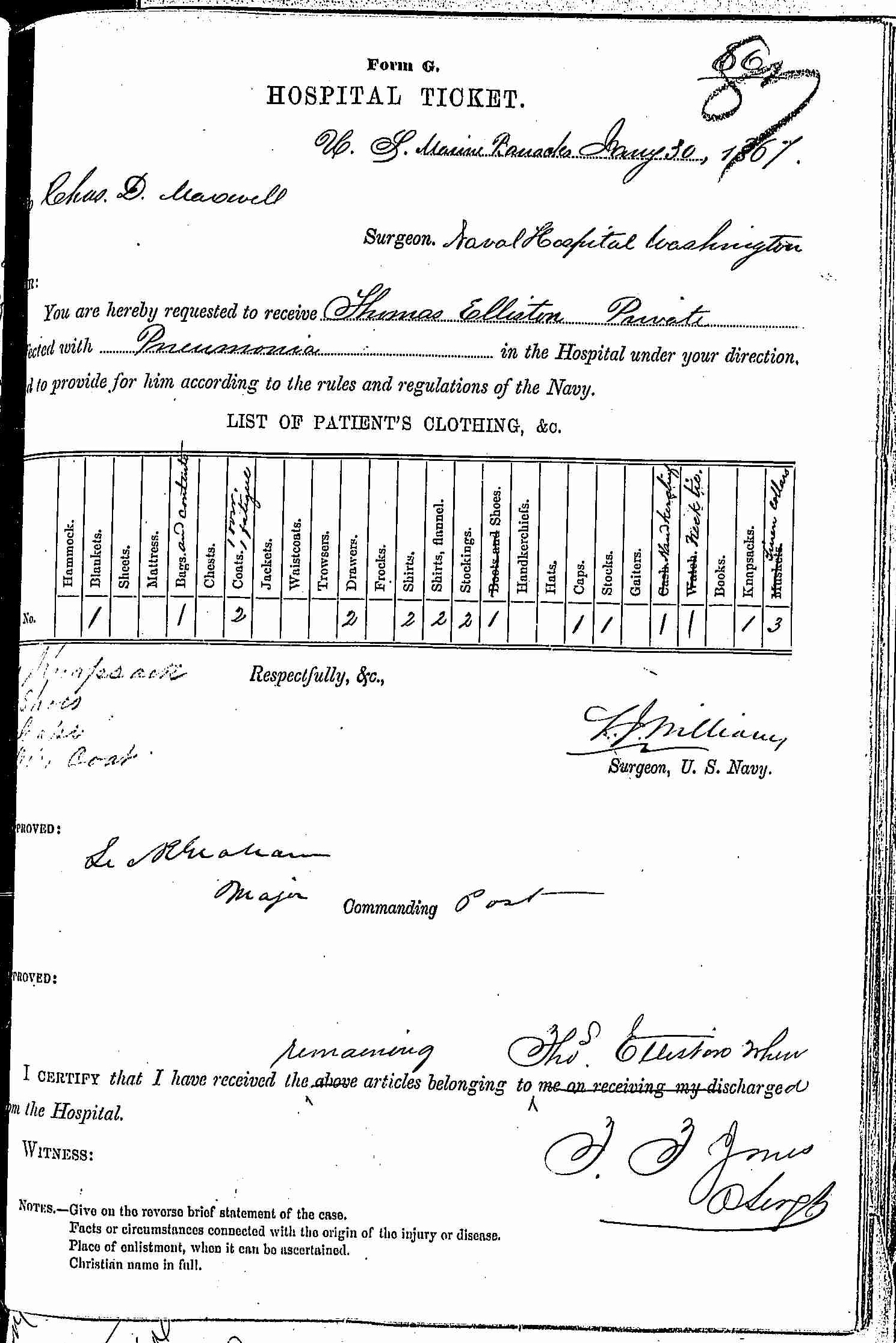 Entry for Thomas Elliston (page 1 of 2) in the log Hospital Tickets and Case Papers - Naval Hospital - Washington, D.C. - 1865-68