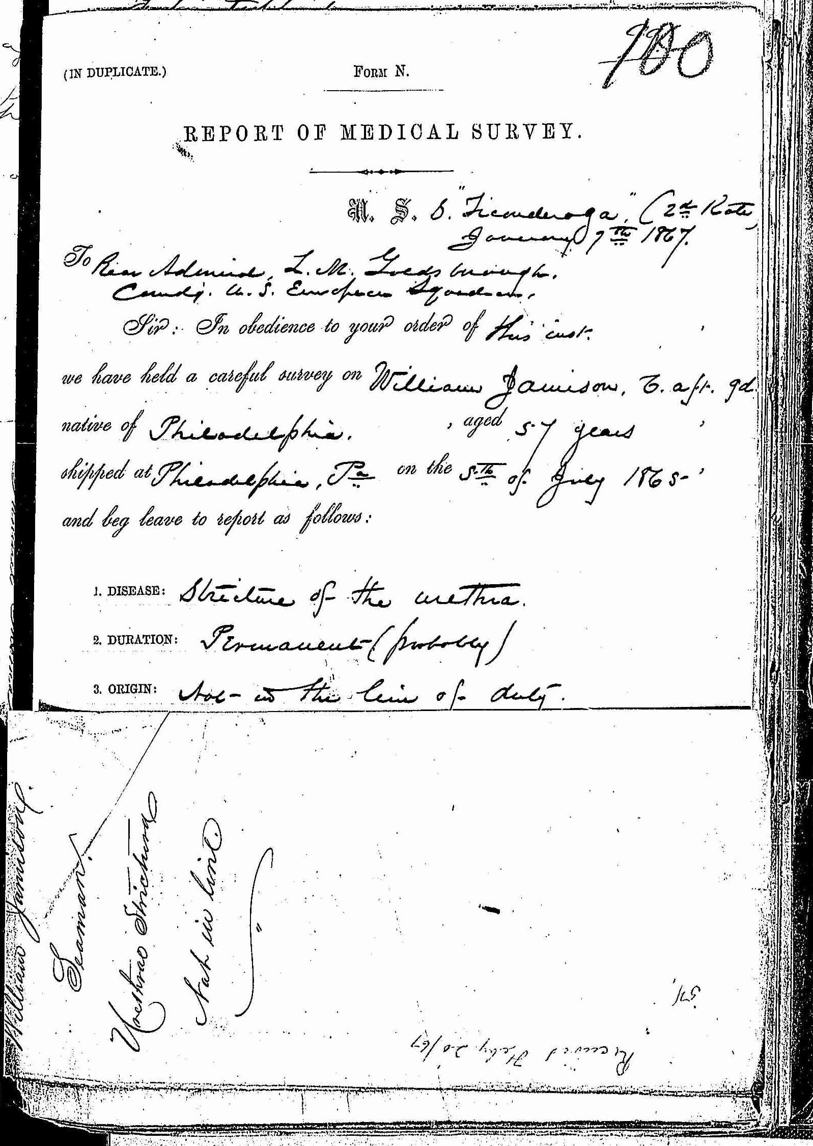 Entry for William Jamison (page 1 of 5) in the log Hospital Tickets and Case Papers - Naval Hospital - Washington, D.C. - 1866-68
