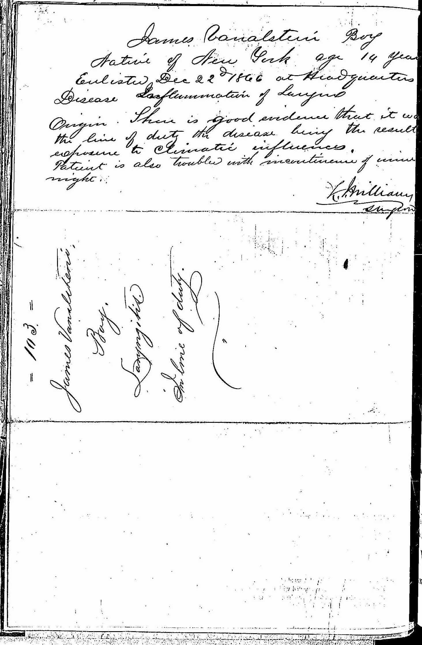 Entry for James Vanalstein (page 2 of 2) in the log Hospital Tickets and Case Papers - Naval Hospital - Washington, D.C. - 1866-68