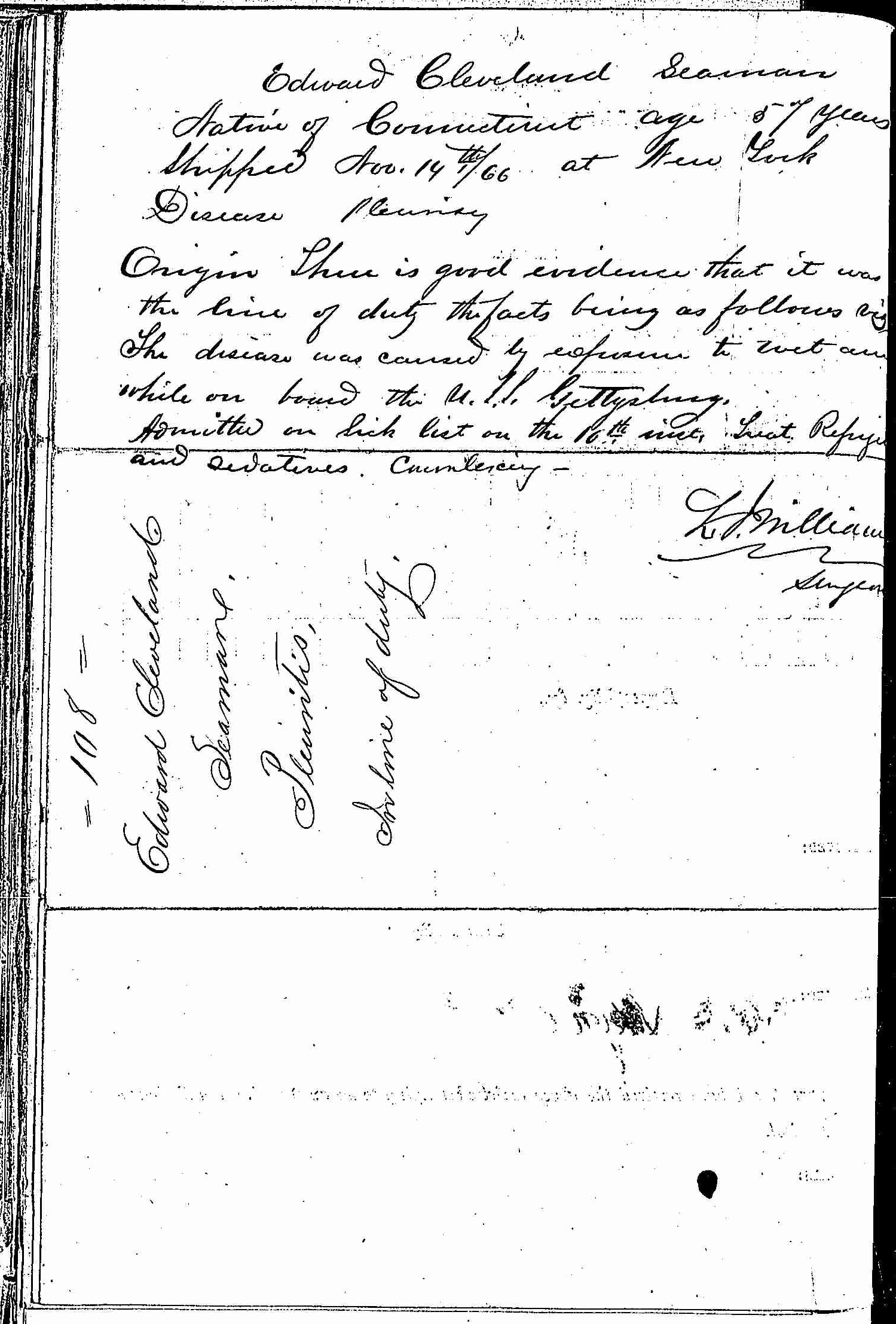 Entry for Edward Cleveland (page 2 of 2) in the log Hospital Tickets and Case Papers - Naval Hospital - Washington, D.C. - 1866-68