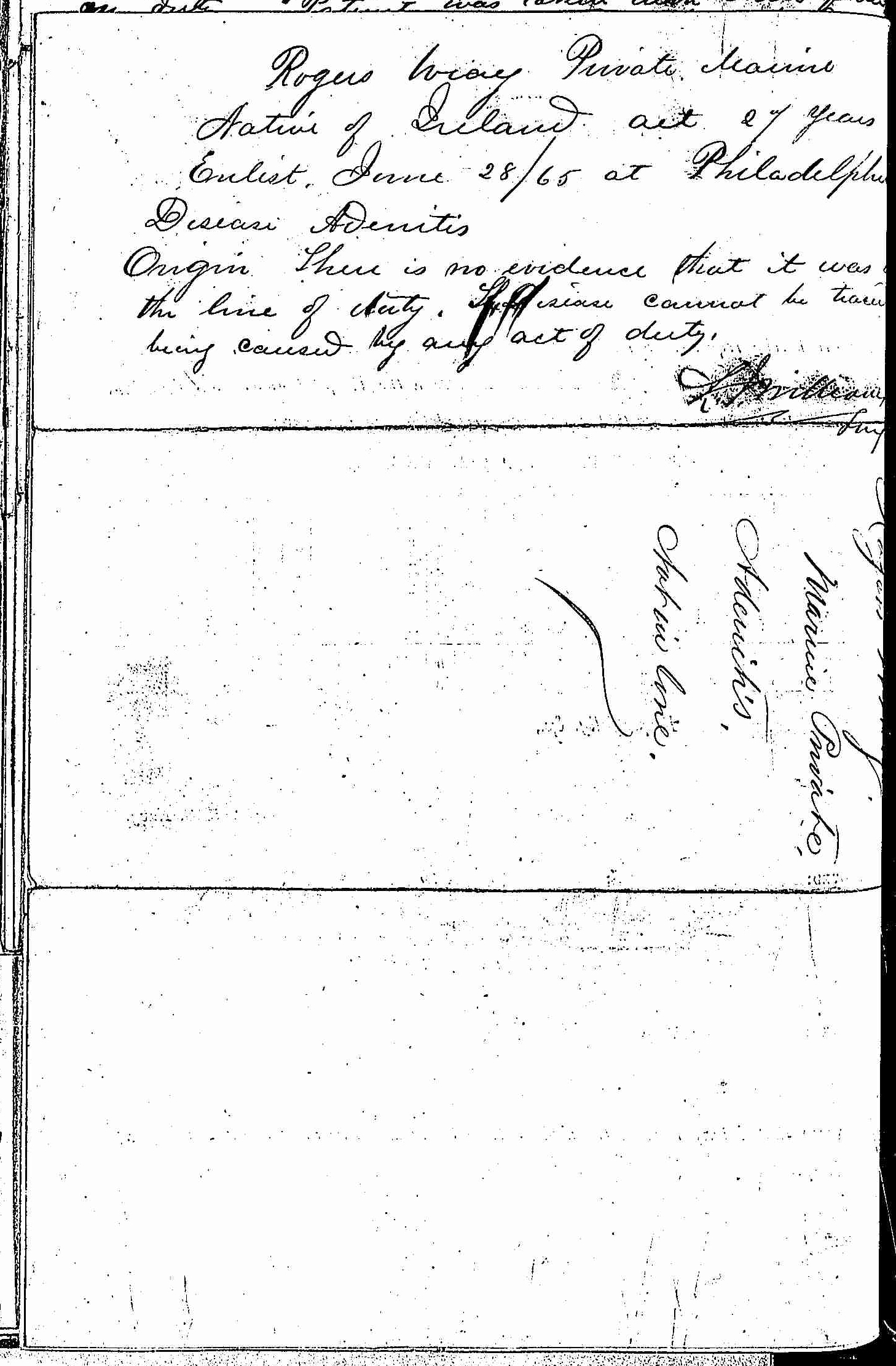 Entry for Rogers Wray (first admission page 2 of 2) in the log Hospital Tickets and Case Papers - Naval Hospital - Washington, D.C. - 1866-68