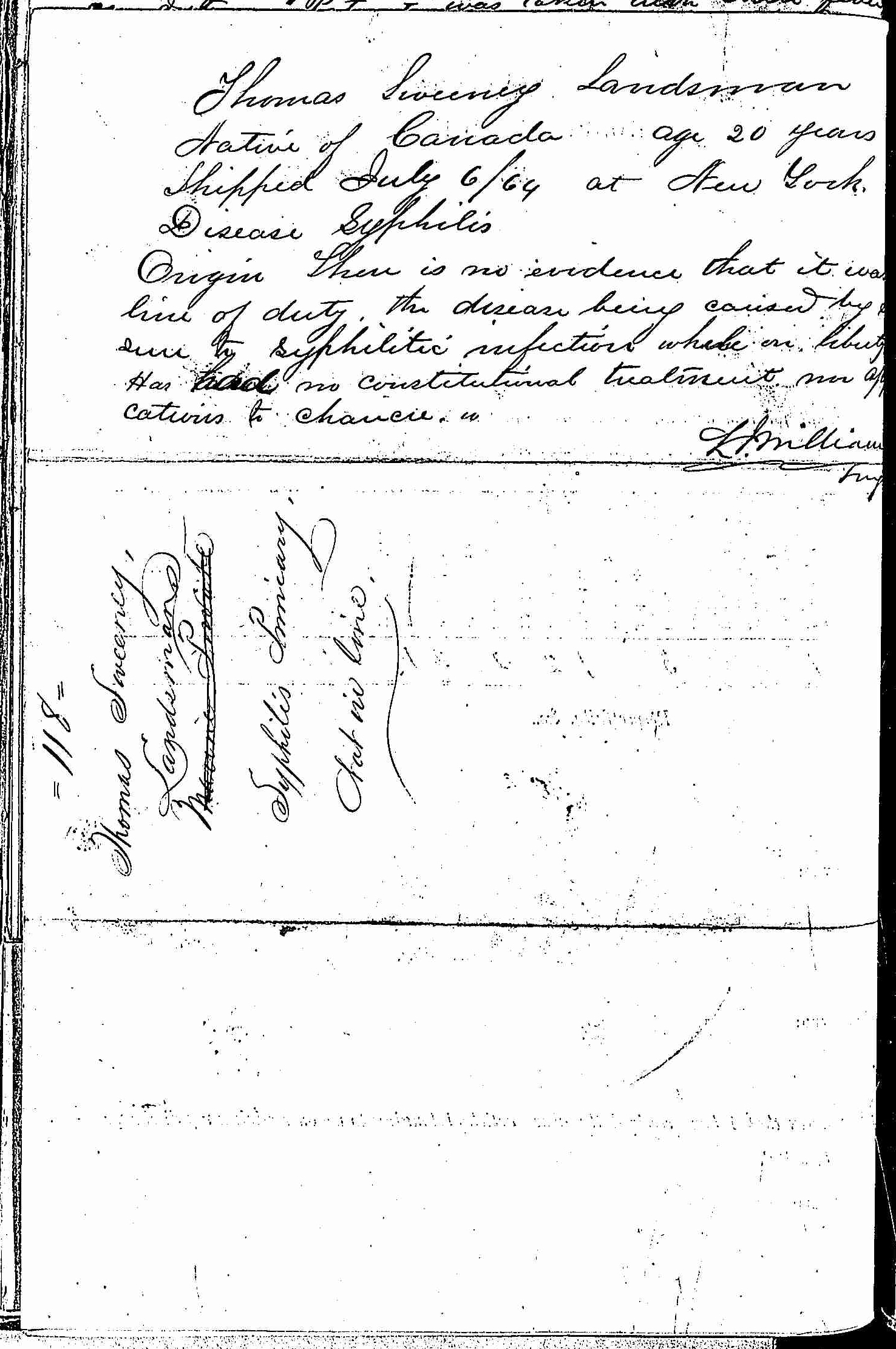 Entry for Thomas Sweeney (page 2 of 2) in the log Hospital Tickets and Case Papers - Naval Hospital - Washington, D.C. - 1866-68