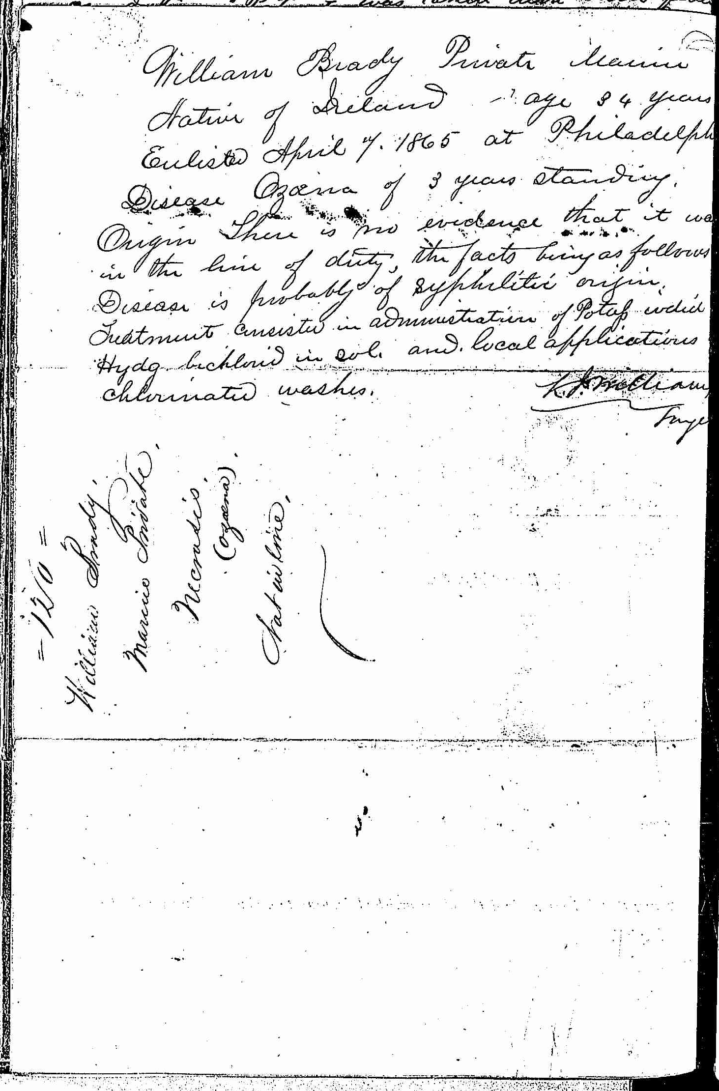 Entry for William Brady (page 2 of 2) in the log Hospital Tickets and Case Papers - Naval Hospital - Washington, D.C. - 1866-68