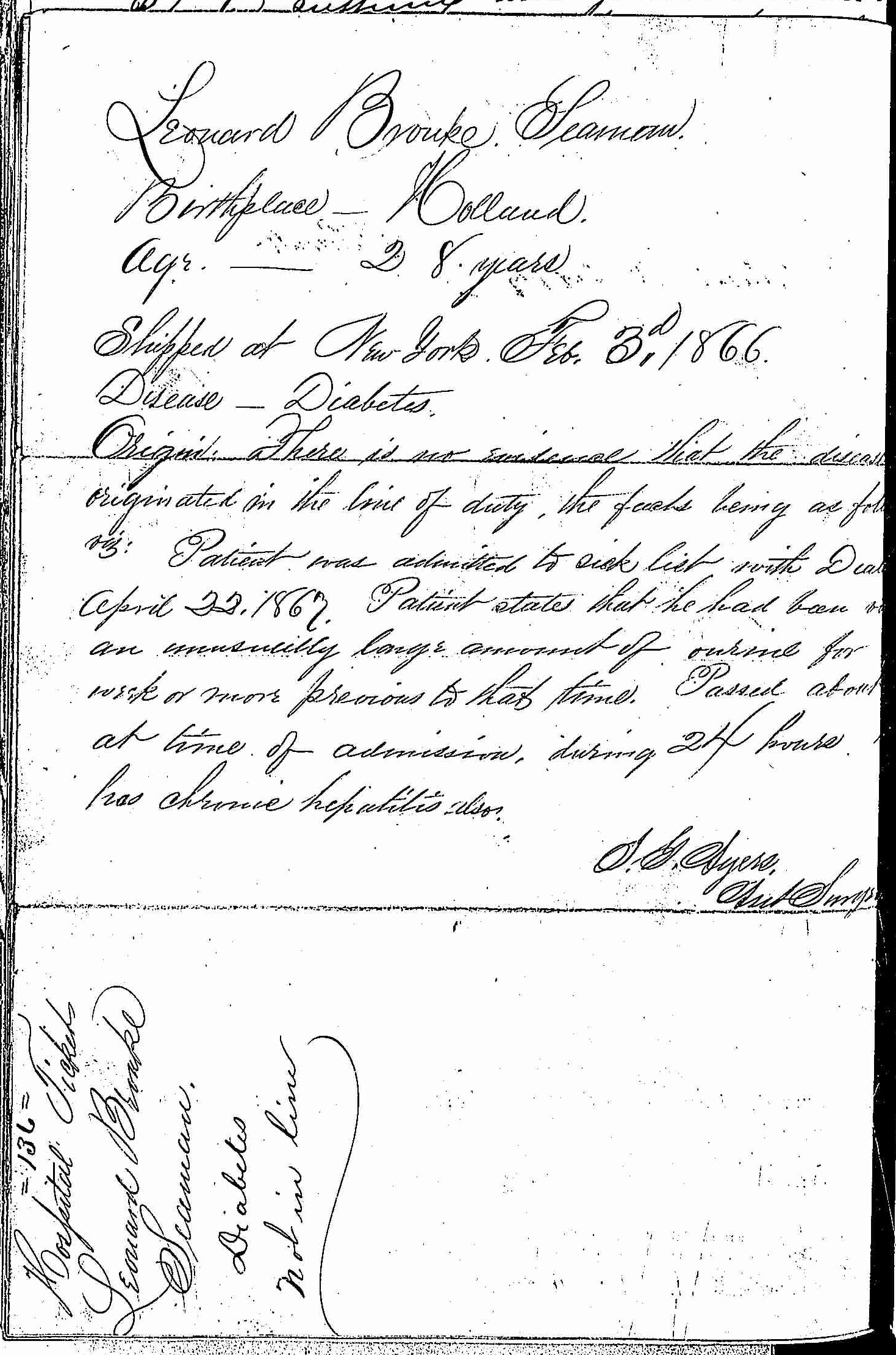 Entry for Leonard Bourke (page 2 of 2) in the log Hospital Tickets and Case Papers - Naval Hospital - Washington, D.C. - 1866-68