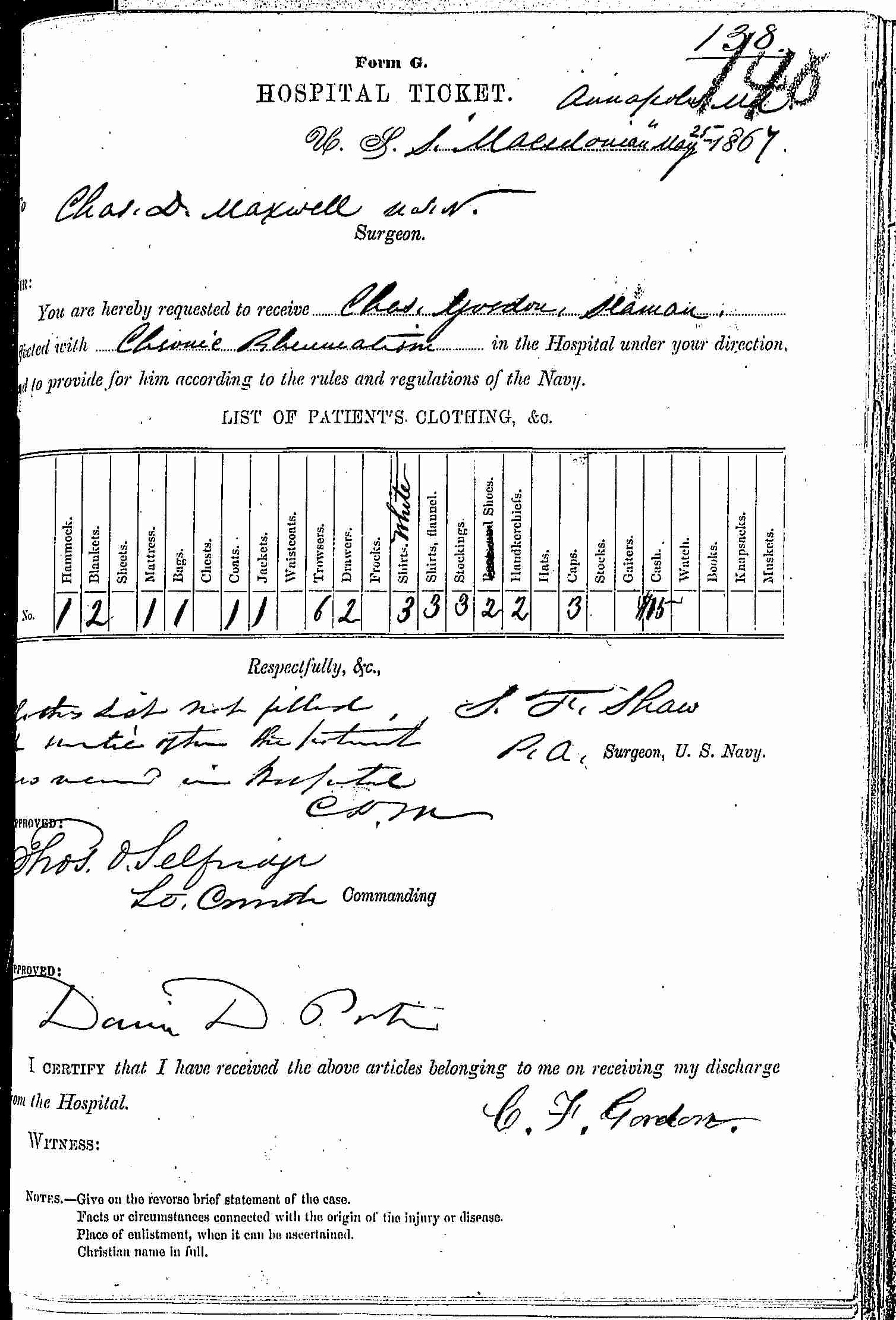 Entry for Charles Gordon (page 1 of 2) in the log Hospital Tickets and Case Papers - Naval Hospital - Washington, D.C. - 1866-68
