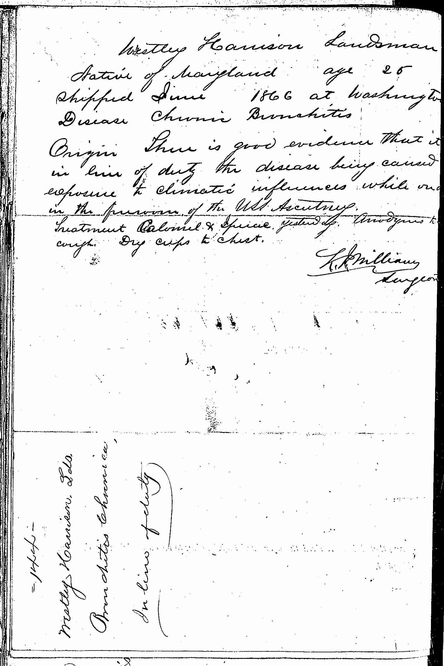 Entry for Westley Harrison (page 2 of 2) in the log Hospital Tickets and Case Papers - Naval Hospital - Washington, D.C. - 1866-68