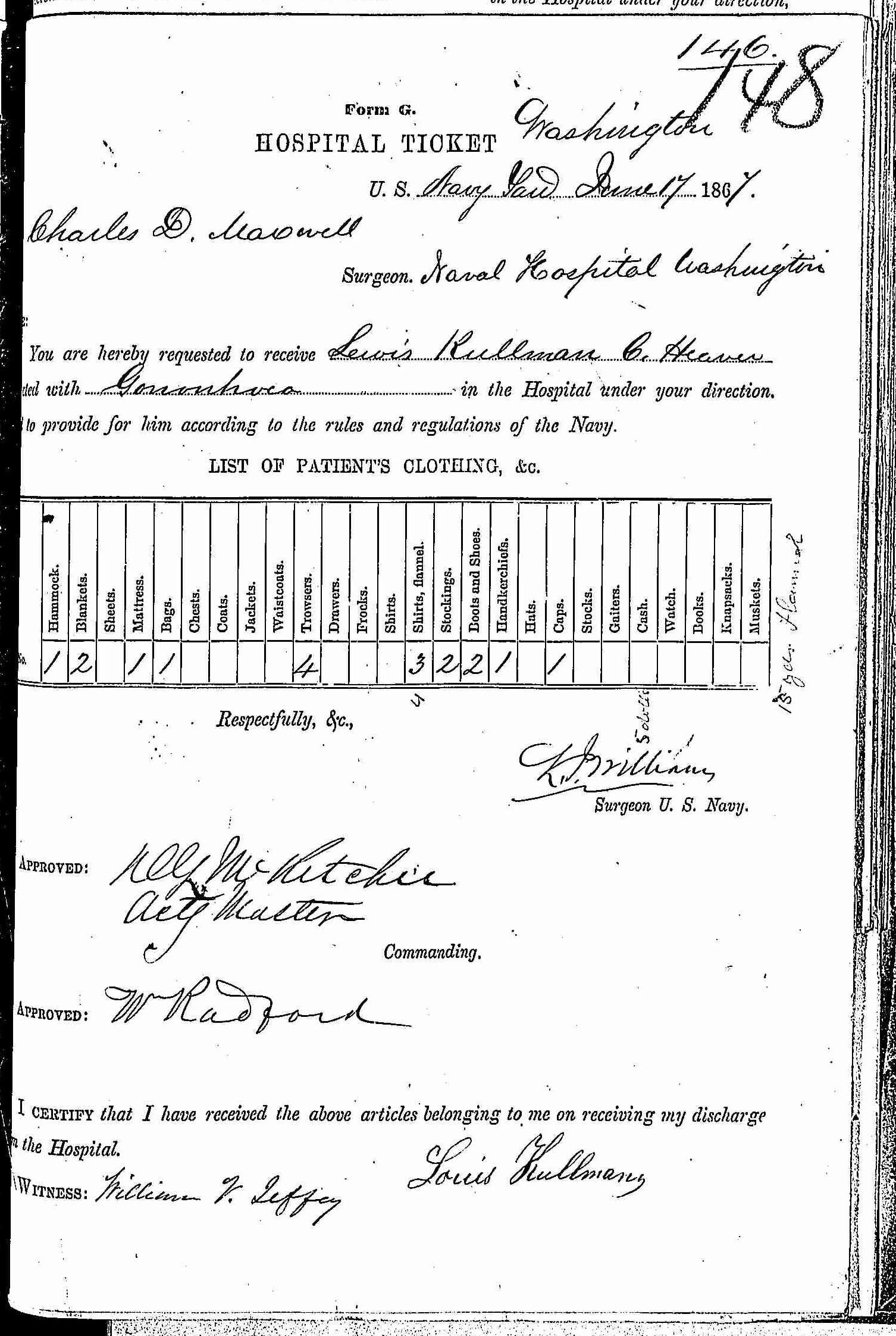 Entry for Lewis Kellman (page 1 of 2) in the log Hospital Tickets and Case Papers - Naval Hospital - Washington, D.C. - 1866-68