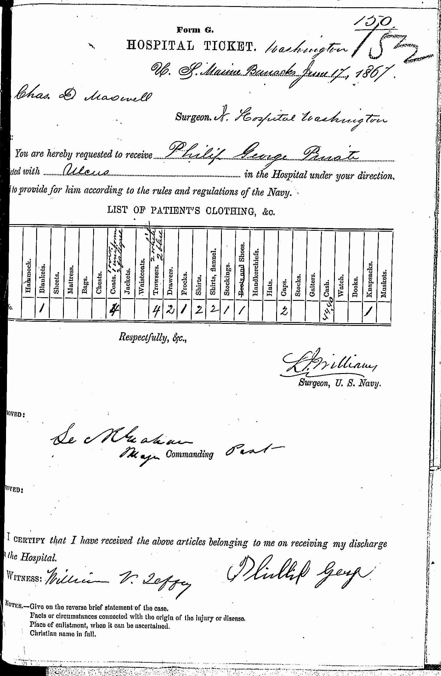 Entry for Philip George (second admission page 1 of 2) in the log Hospital Tickets and Case Papers - Naval Hospital - Washington, D.C. - 1866-68