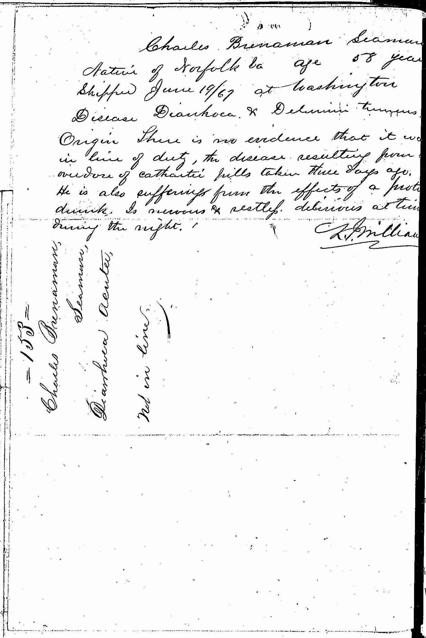 Entry for Charles Brenaman (page 2 of 2) in the log Hospital Tickets and Case Papers - Naval Hospital - Washington, D.C. - 1866-68