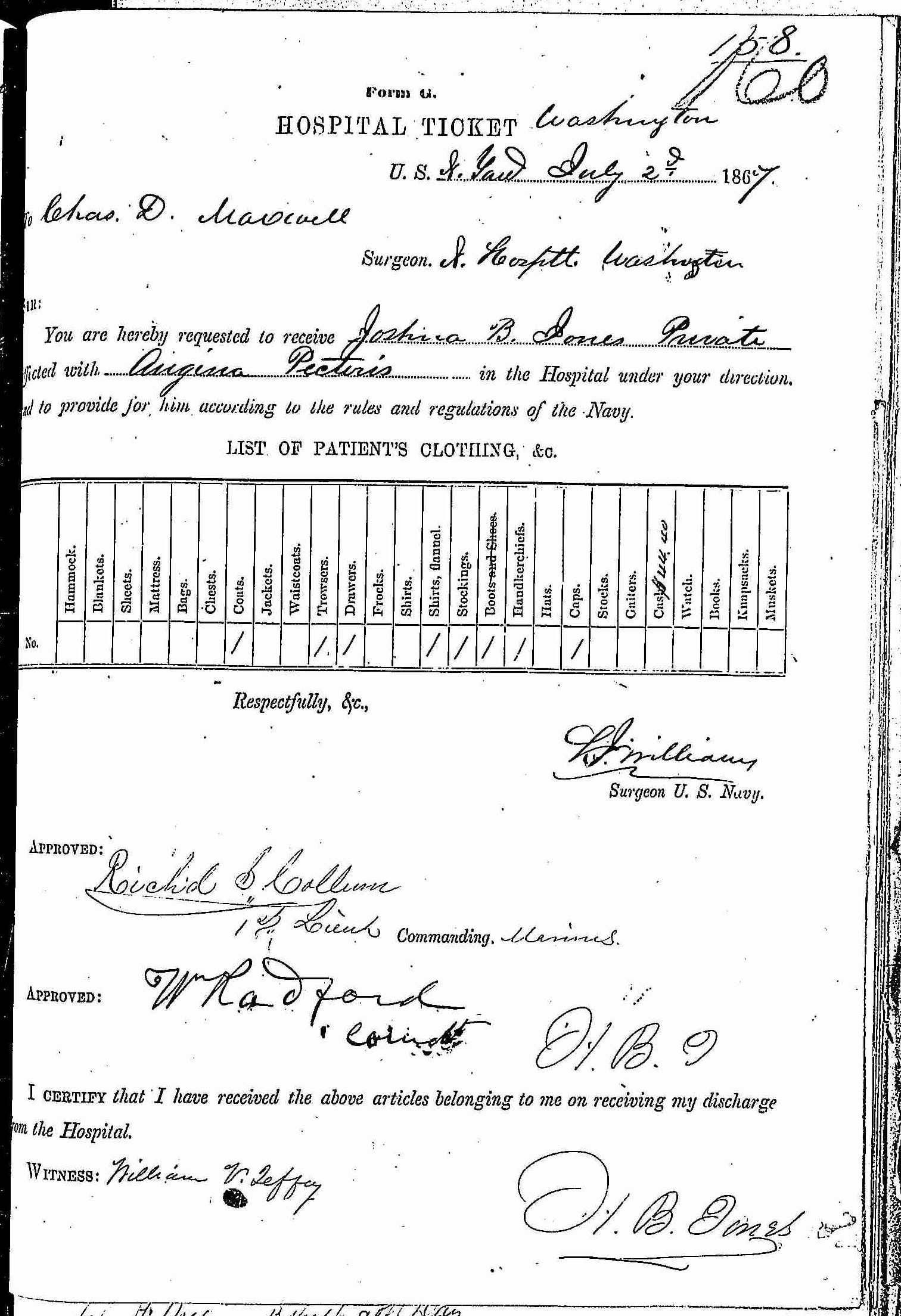 Entry for Joshua B. Jones (page 3 of 4) in the log Hospital Tickets and Case Papers - Naval Hospital - Washington, D.C. - 1866-68