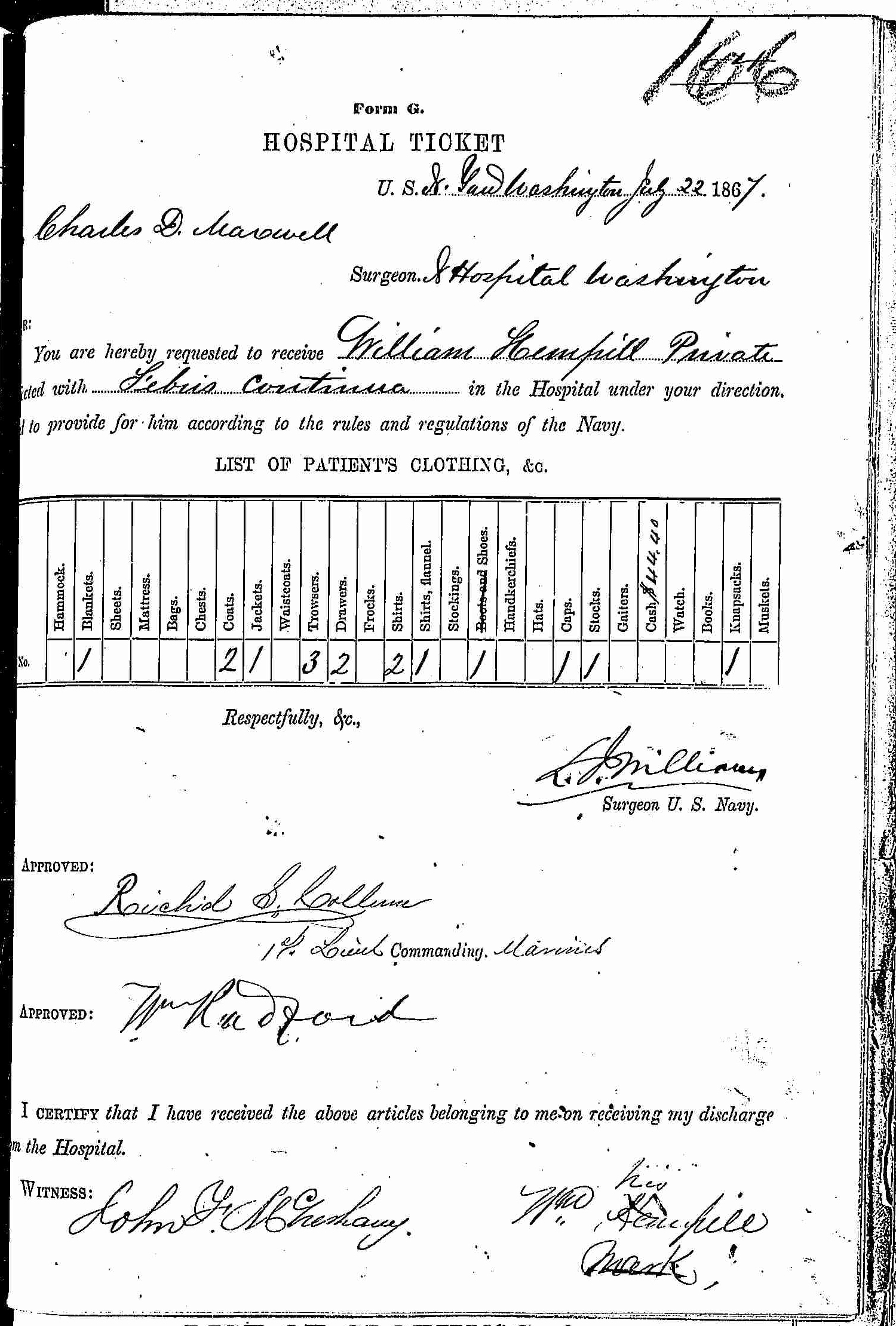 Entry for William Hempill (first admission page 1 of 2) in the log Hospital Tickets and Case Papers - Naval Hospital - Washington, D.C. - 1866-68
