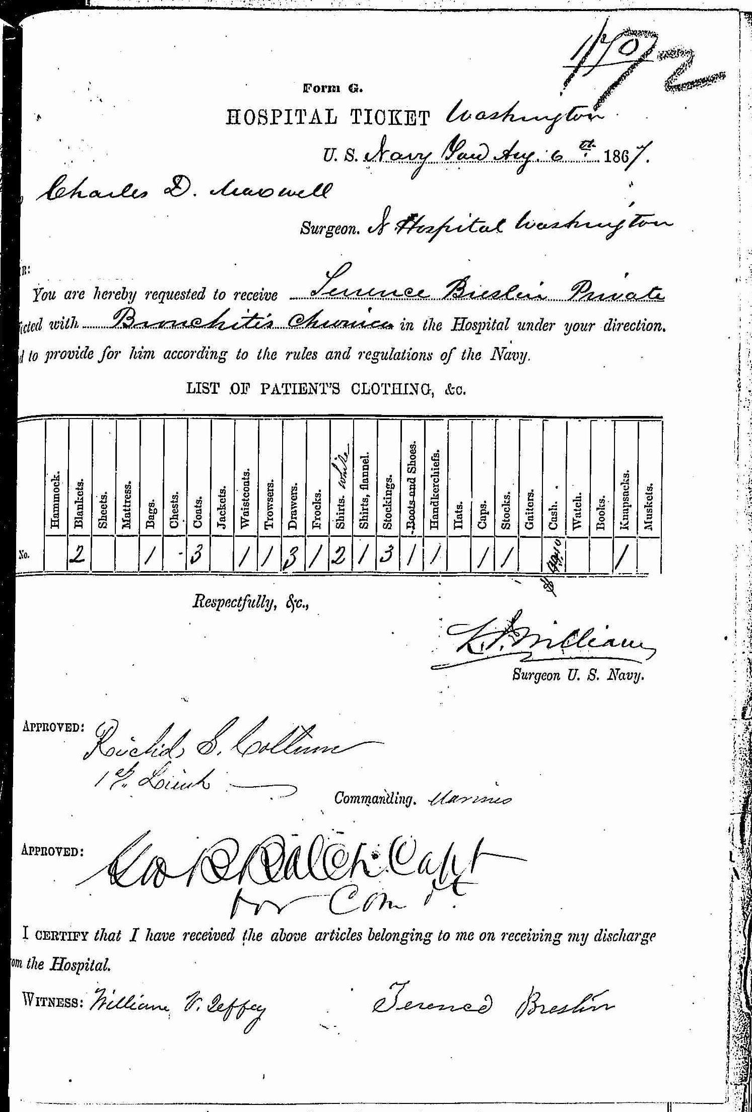 Entry for Terrence Breslin (second admission page 1 of 2) in the log Hospital Tickets and Case Papers - Naval Hospital - Washington, D.C. - 1866-68