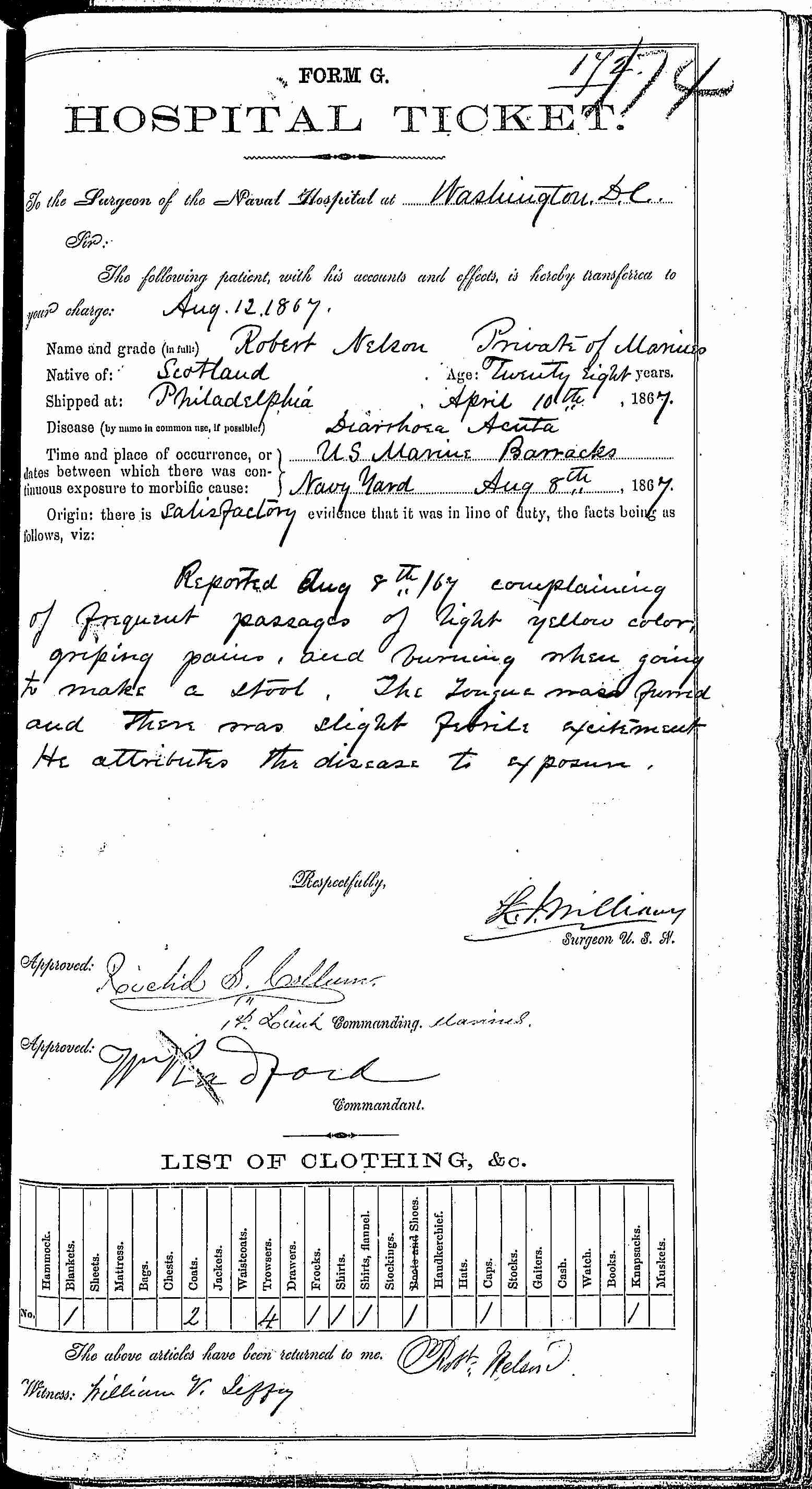 Entry for Robert Nelson (page 1 of 2) in the log Hospital Tickets and Case Papers - Naval Hospital - Washington, D.C. - 1866-68