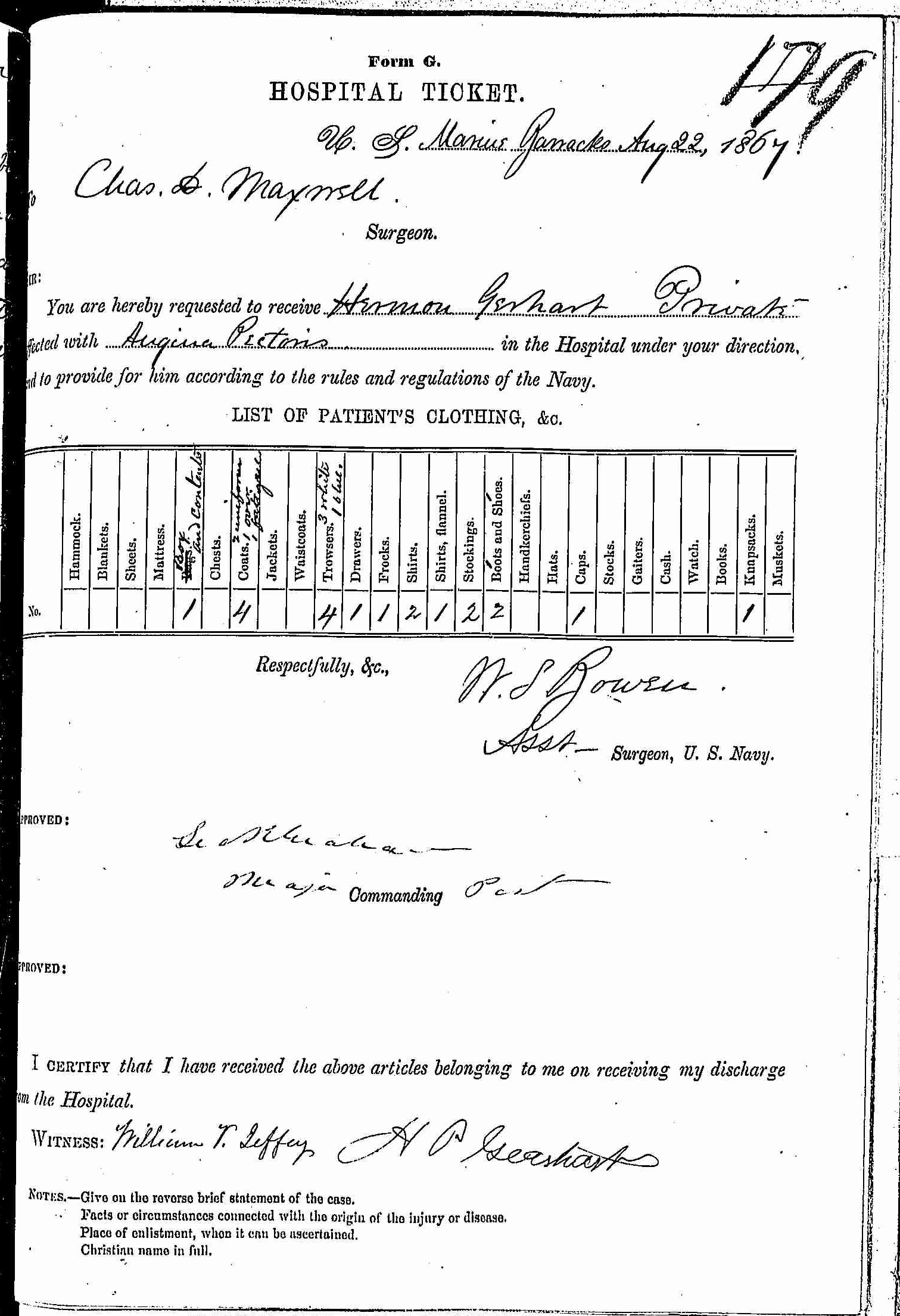 Entry for Herman Gerhart (page 1 of 2) in the log Hospital Tickets and Case Papers - Naval Hospital - Washington, D.C. - 1866-68