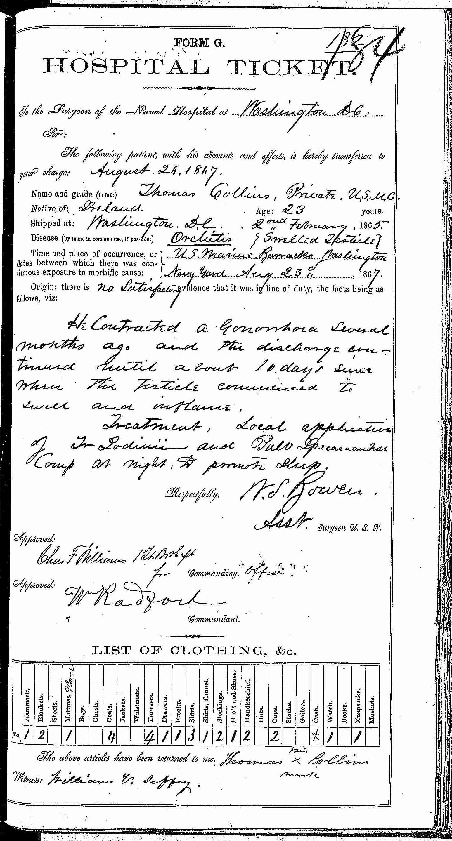 Entry for Thomas Collins (second admission page 2 of 2) in the log Hospital Tickets and Case Papers - Naval Hospital - Washington, D.C. - 1866-68